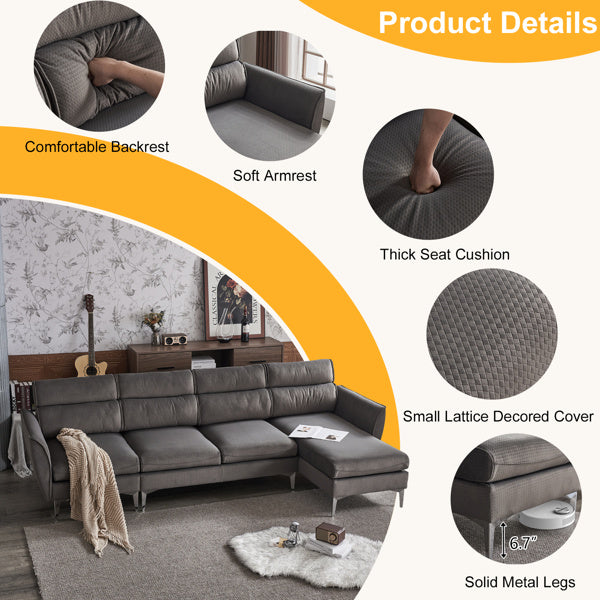 282*142*88cm Pushback Chair Shape Four Seats with Footstool Plaid Fleece Diamond Electroplated Gold Triple Leg Indoor Modular Sofa Beige