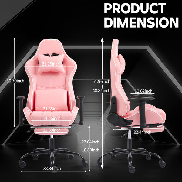 Ergonomic Gaming Chair with Footrest, Comfortable Computer Chair for Heavy People, Adjustable Height Office Desk Chair with Wheels, Breathable Leather Video Game Chairs (Pink)