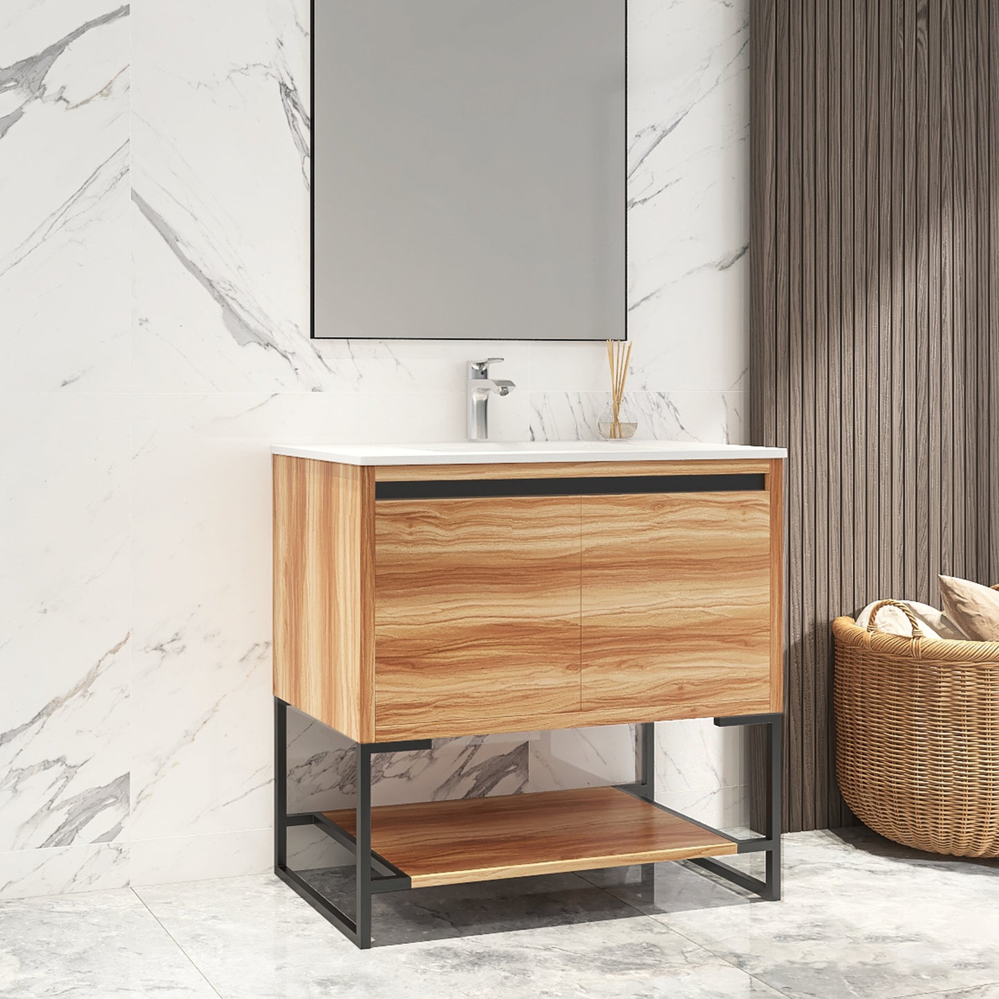 32 inches Wood Freestanding Bathroom Vanity Combo with Integrated Ceramic Sink and 2 Soft Close Doors