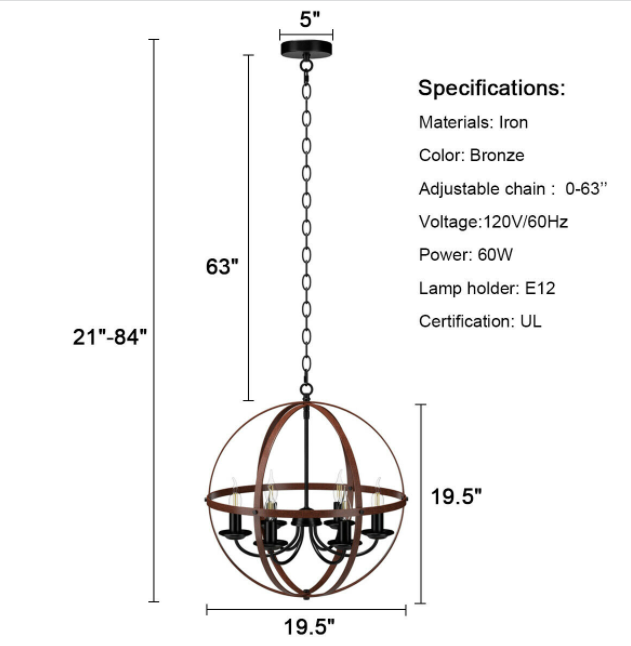 AvaMalis A|M Lighting 6-Light Orb Chandelier Rustic Vintage Ceiling Lamp