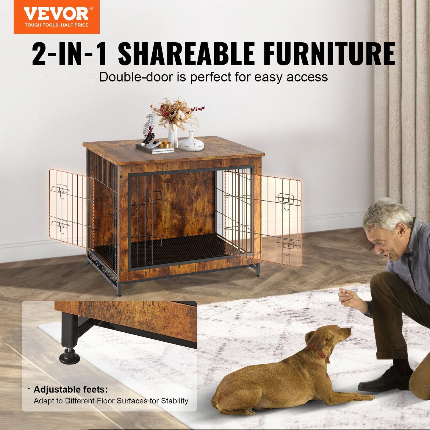 Dog Crate Furniture, 32 inch Wooden Dog Crate with Double Doors, Heavy-Duty Dog Cage End Table with Multi-Purpose Removable Tray, Modern Dog Kennel Indoor for Dogs up to 45lb, Rustic Brown