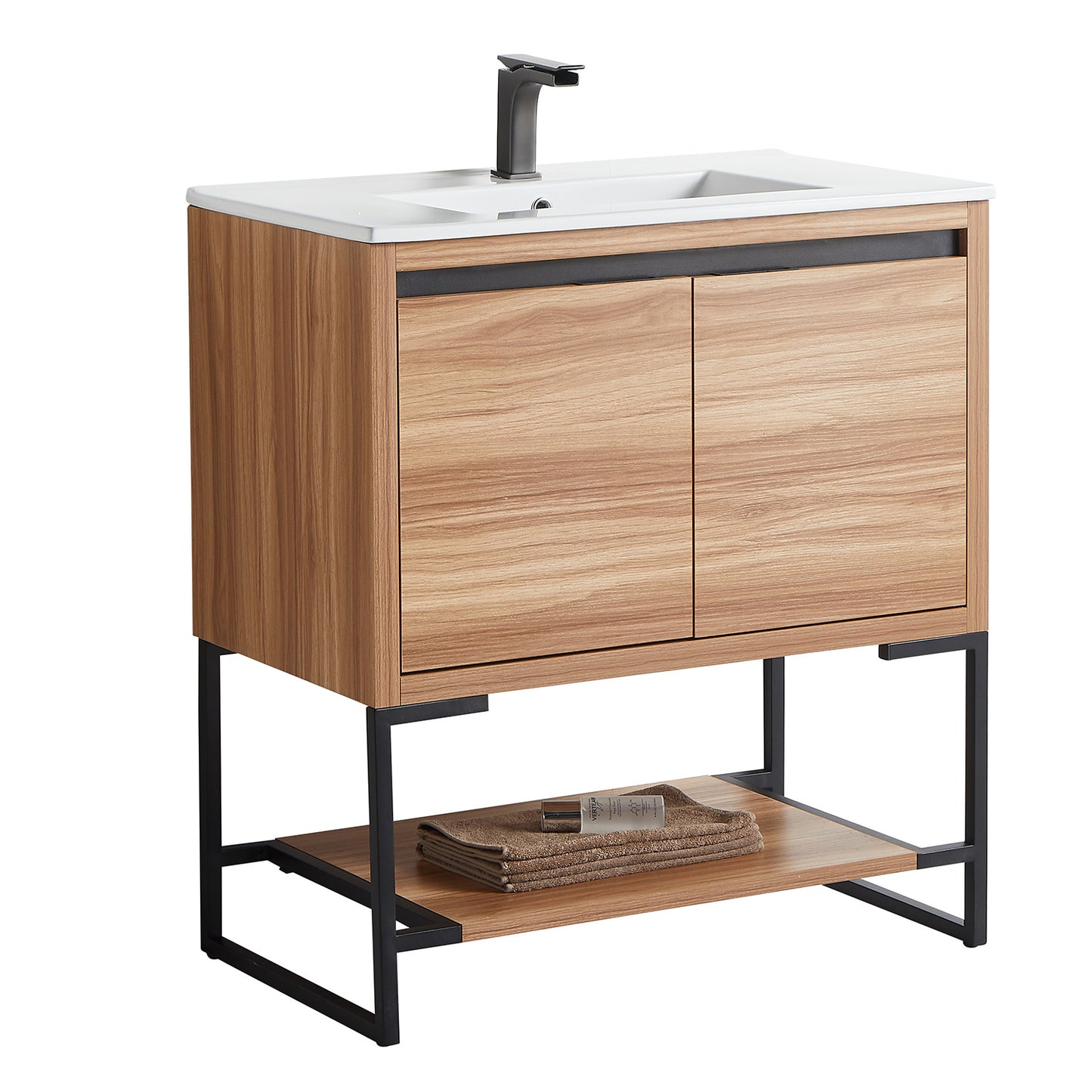 32 inches Wood Freestanding Bathroom Vanity Combo with Integrated Ceramic Sink and 2 Soft Close Doors