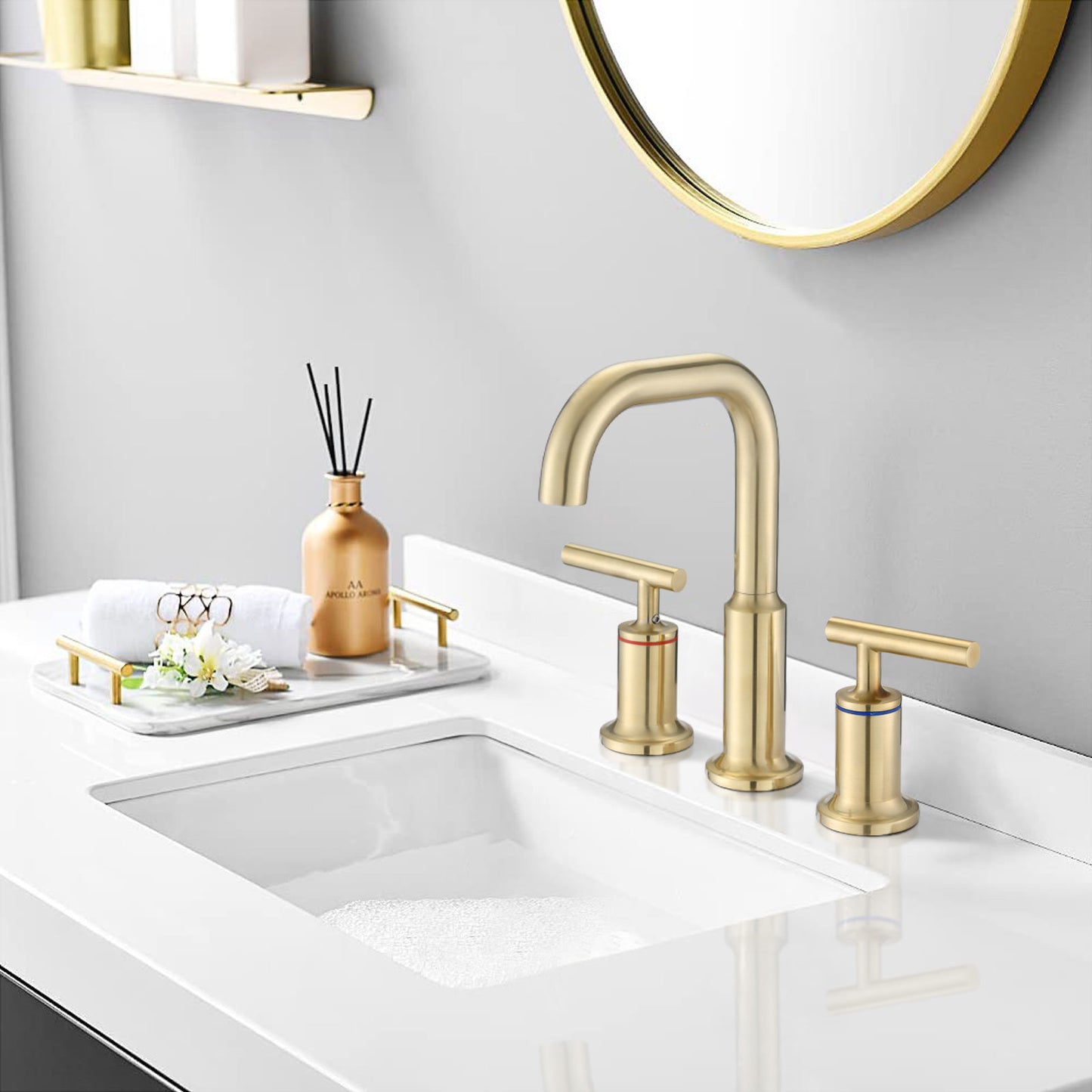AvaMalis A|M Aquae Widespread Bathroom Faucet 3 Hole 2 Handle Vanity Sink Faucet, Brushed Golden