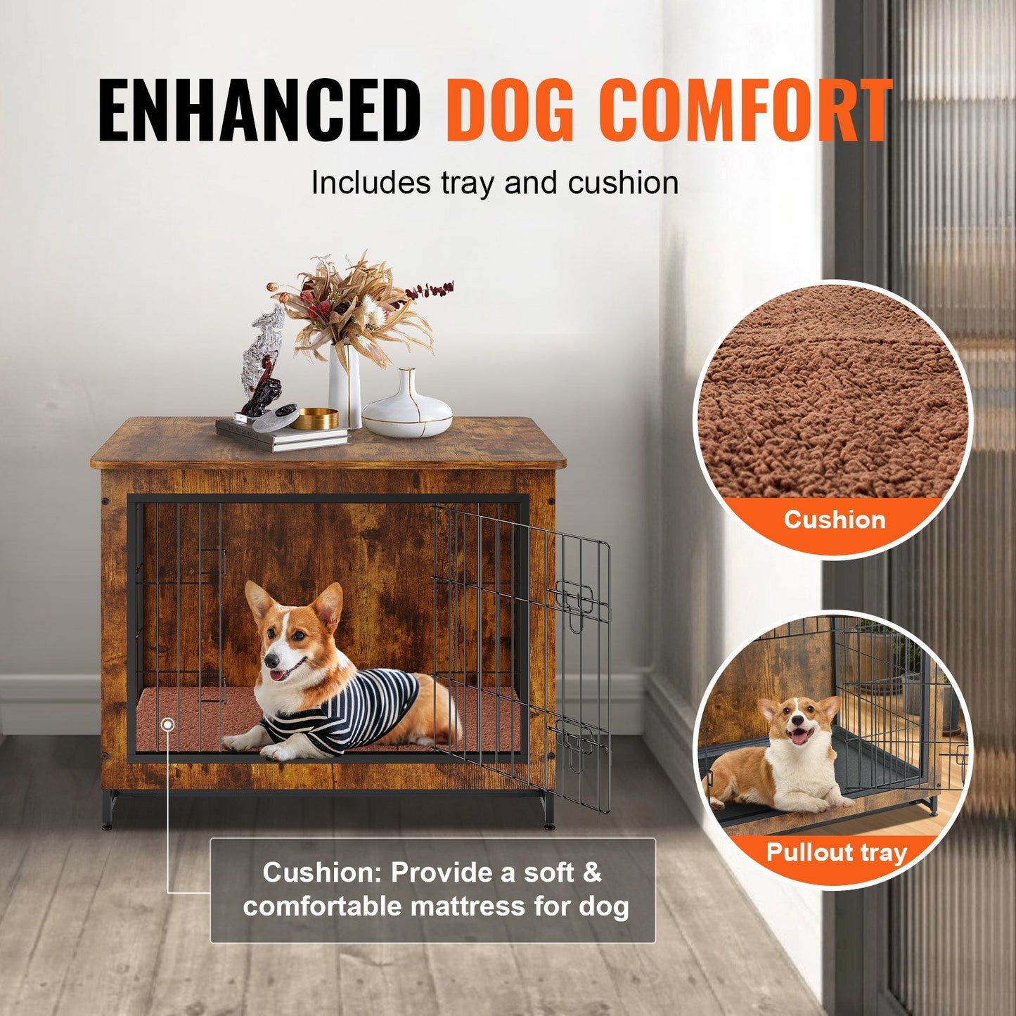 Dog Crate Furniture, 32 inch Wooden Dog Crate with Double Doors, Heavy-Duty Dog Cage End Table with Multi-Purpose Removable Tray, Modern Dog Kennel Indoor for Dogs up to 45lb, Rustic Brown