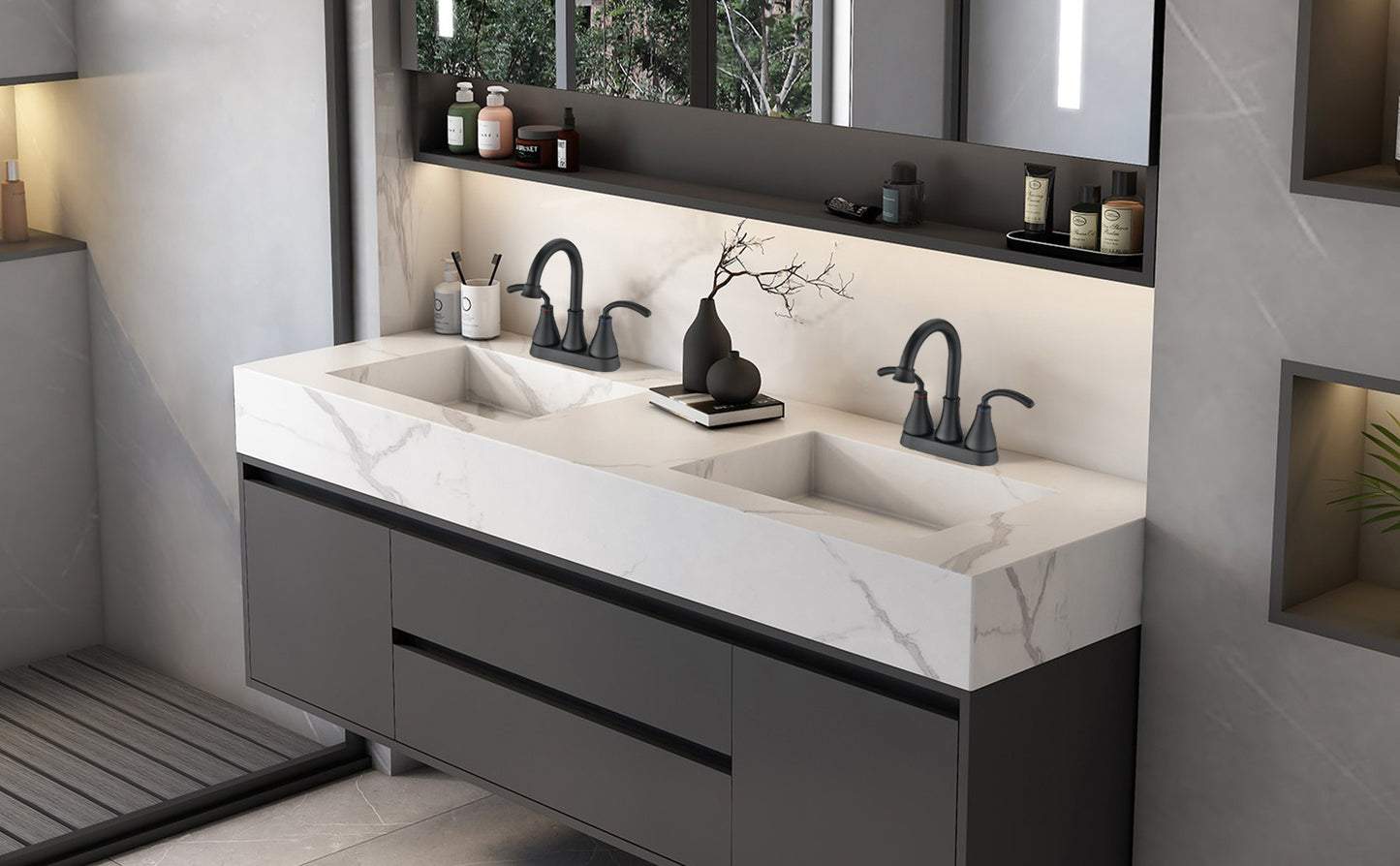 AvaMalis A|M Aquae Matte Black Dual Handles 4 Inches Center set Lead-Free Bathroom Sink Faucet