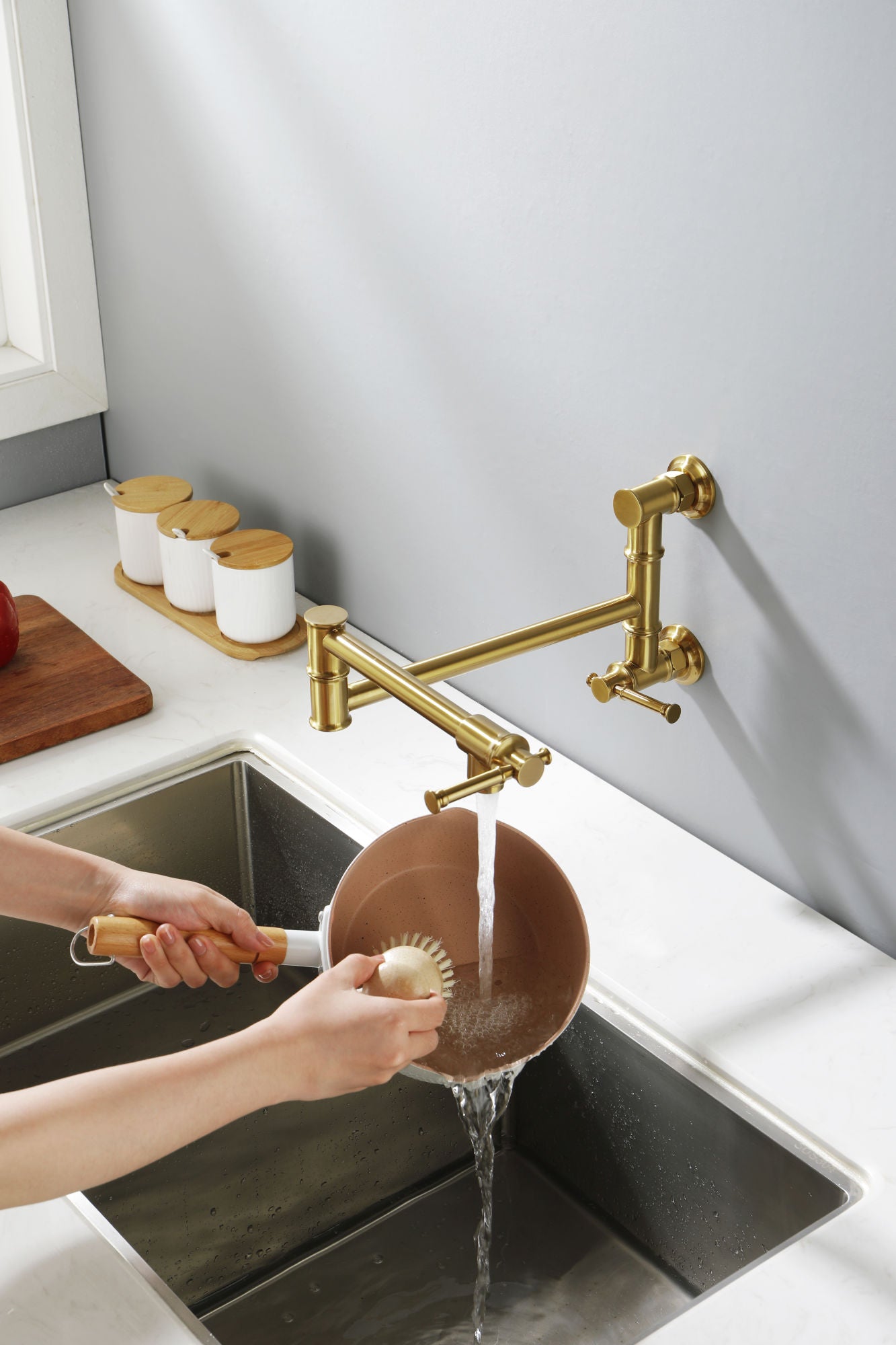 Pot Filler Faucet Wall Mount Pot Filler Faucet, Modern Brass Pot Filler Two-Attachment Wall Mount Folding Kitchen Pot Filler Swing Arm