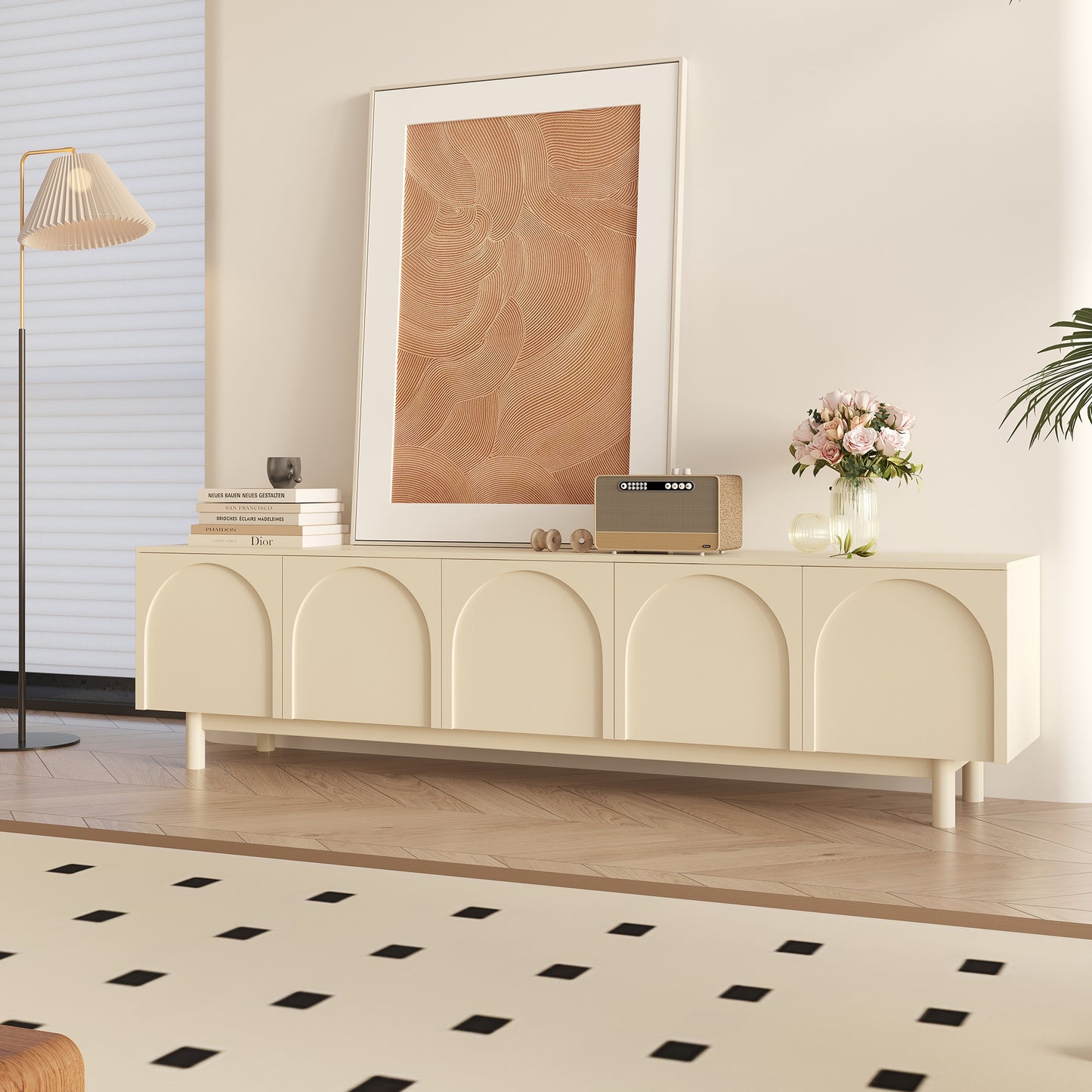 Modern White TV Stand, Minimallist Entertainment Center with 5 Cabinets, Wood Foot Legs