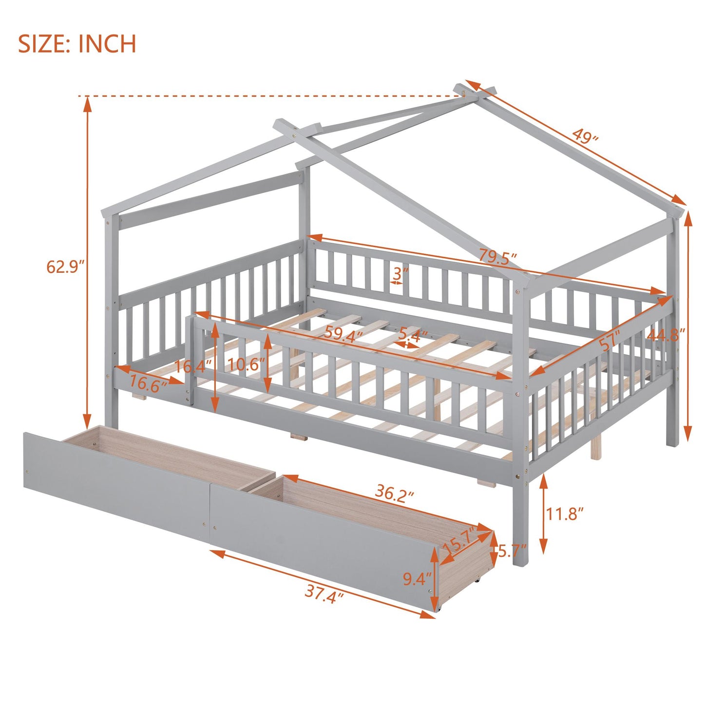 Full Size Wooden House Bed with Two Drawers