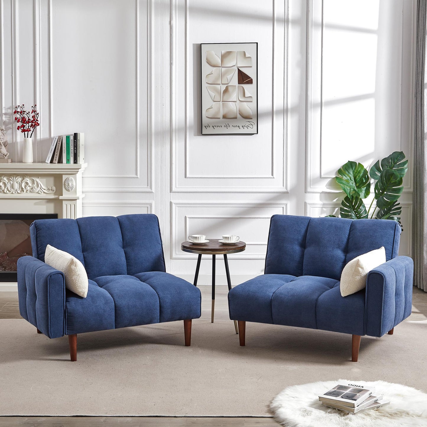 Modern fabric linen upholstered sofa bed with 3 levels of adjustable backrest, solid wood legs and 2 pillows for multiple environments.