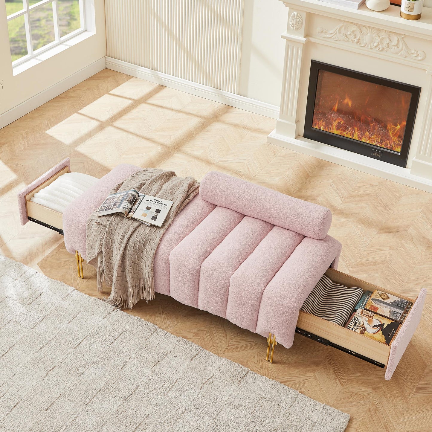 Modern End of Bed Bench Upholstered Teddy Entryway Ottoman Bench Fuzzy Sofa Stool Footrest Window Bench with Gold Metal Legs for Bedroom Apartments