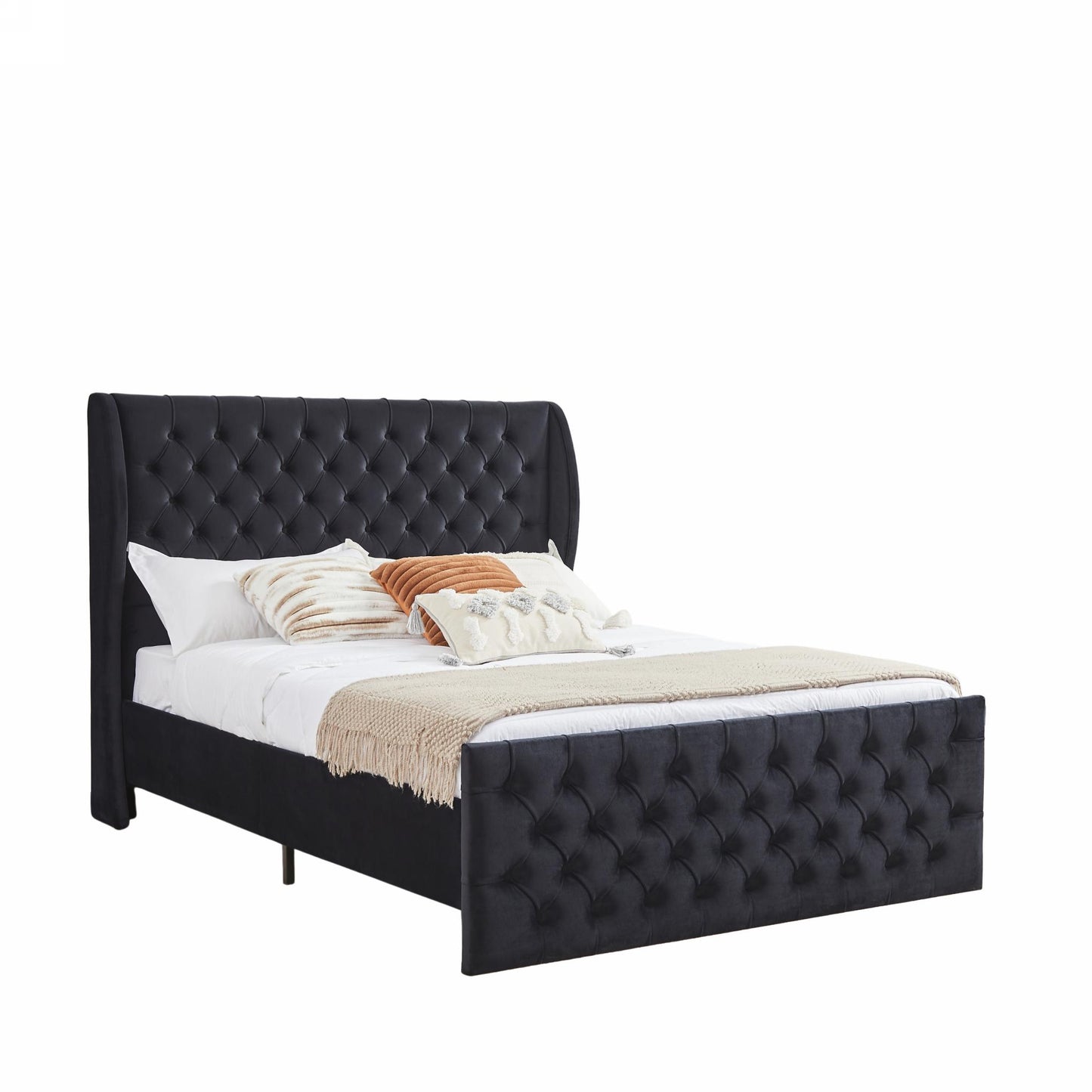Upholstered wingback velvet fabric Chesterfield bed/button tufted headboard with vintage wings/wood slat support/easy to assemble。Queen-Size