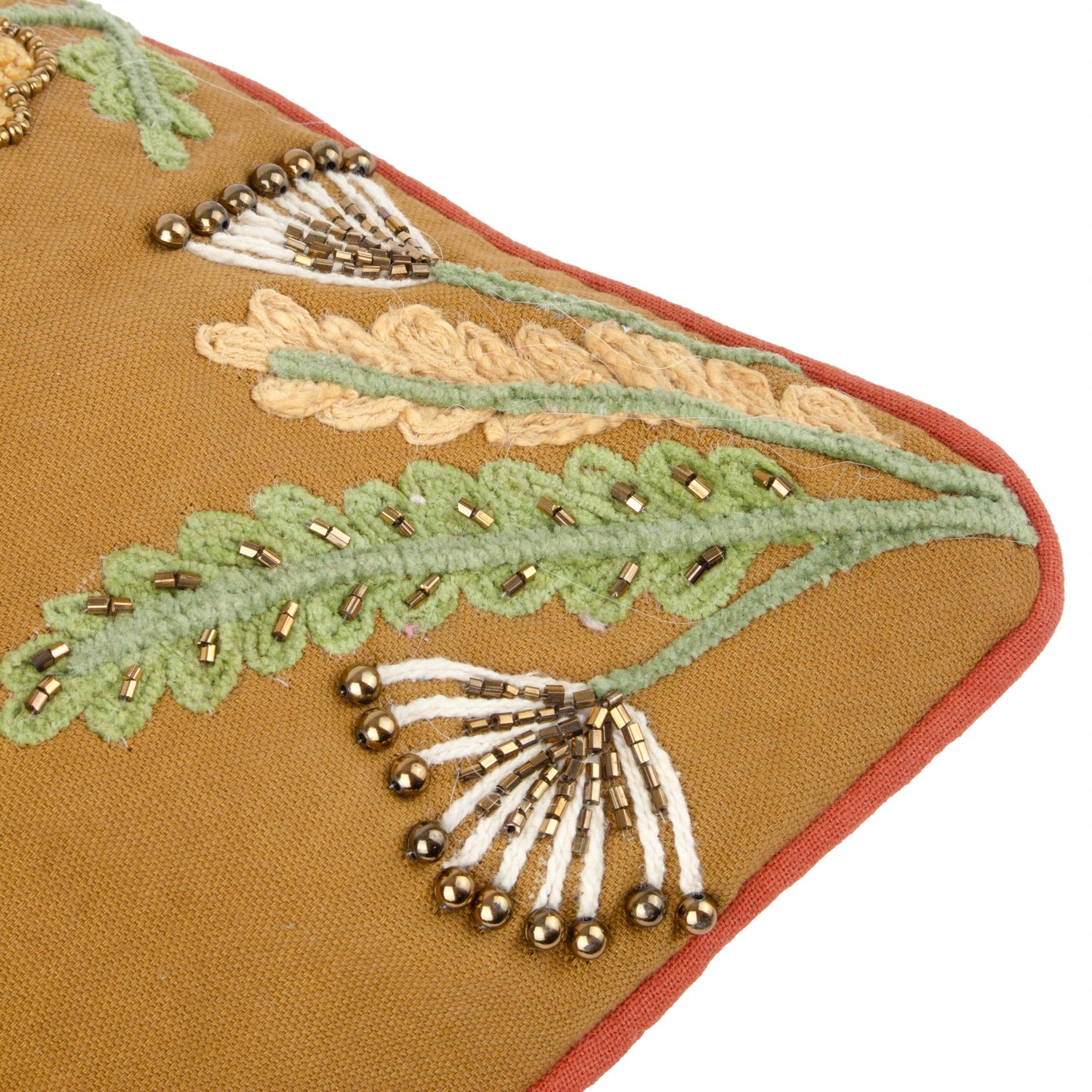 AvaMalis Decorative Throw Pillow with Embroidered Mushroom Design, Autumn Gold with Coral and Green Accents, Beaded Detail