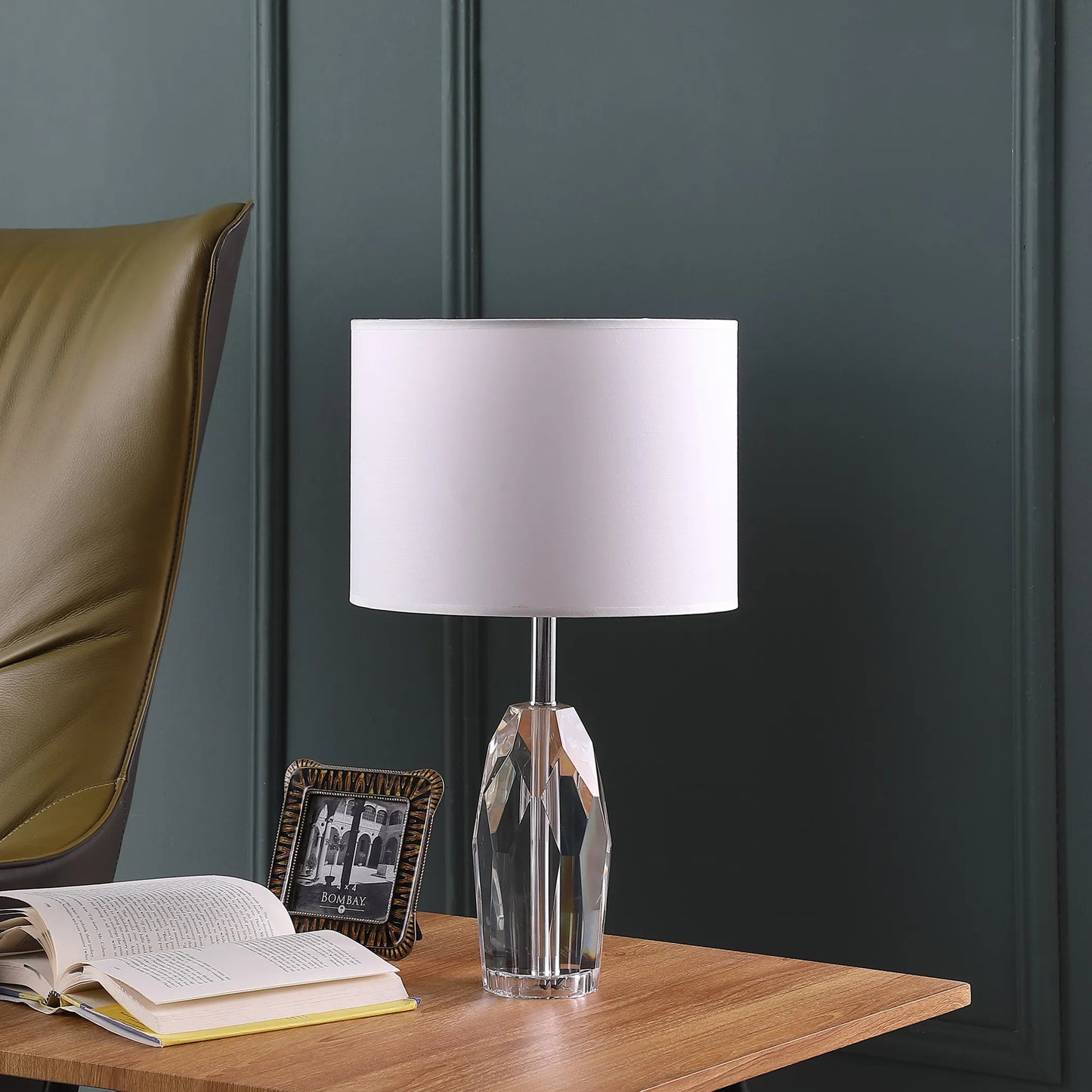 19" Chrome and Faceted Crystal Urn Table Lamp With White Drum Shade