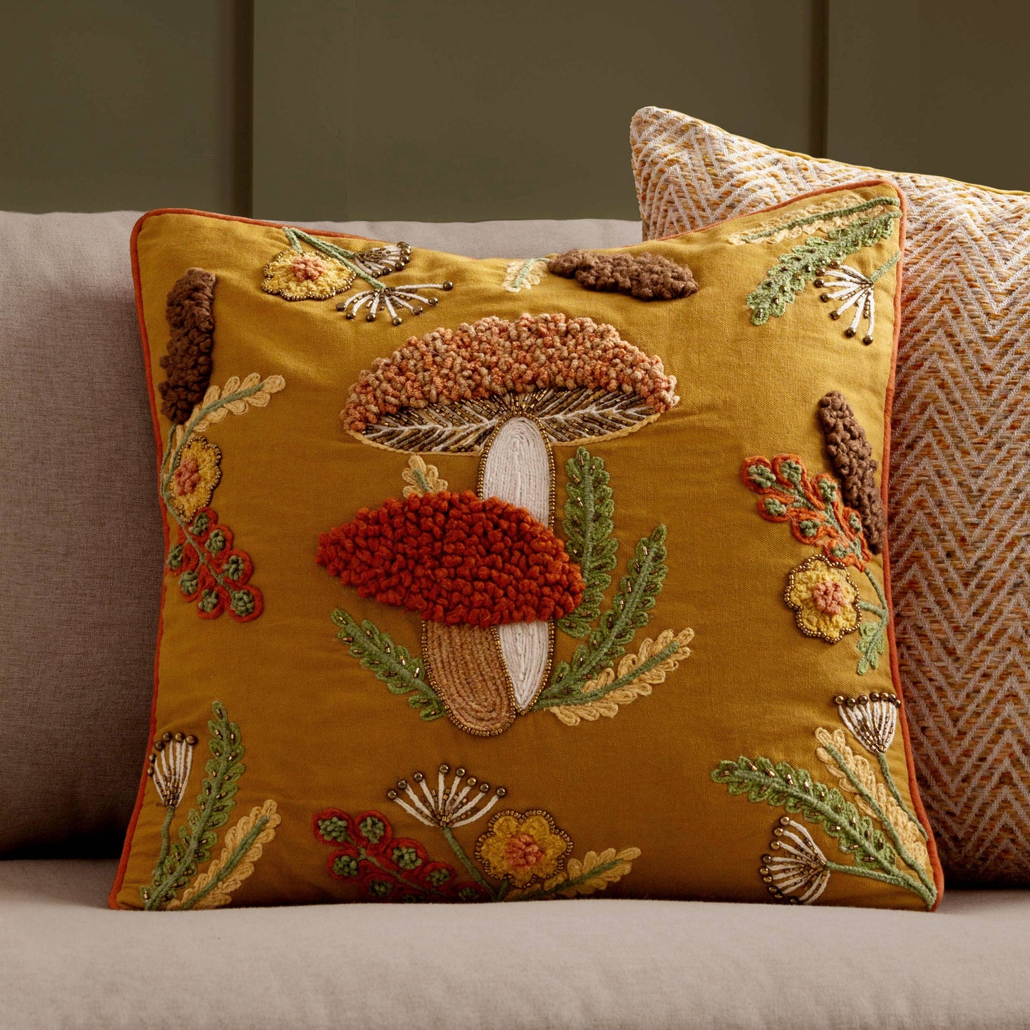 AvaMalis Decorative Throw Pillow with Embroidered Mushroom Design, Autumn Gold with Coral and Green Accents, Beaded Detail