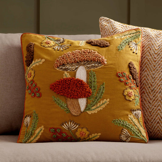 AvaMalis Decorative Throw Pillow with Embroidered Mushroom Design, Autumn Gold with Coral and Green Accents, Beaded Detail