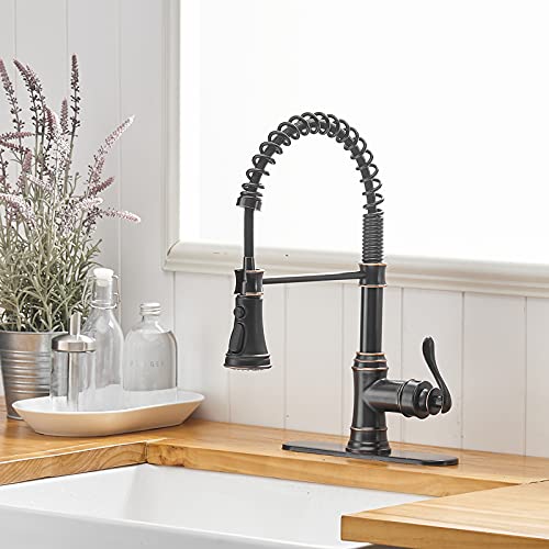 A|M Aquae Kitchen Sink Faucet with Deck Plate Matte Black with Pull Down Sprayer 3 Spray Modes Single Handle Singe Lever High Arc Kitchen Faucet Lead-Free Farmhouse Commercial Bar Kitchen Faucets