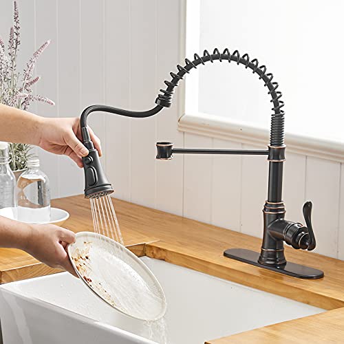 A|M Aquae Kitchen Sink Faucet with Deck Plate Matte Black with Pull Down Sprayer 3 Spray Modes Single Handle Singe Lever High Arc Kitchen Faucet Lead-Free Farmhouse Commercial Bar Kitchen Faucets