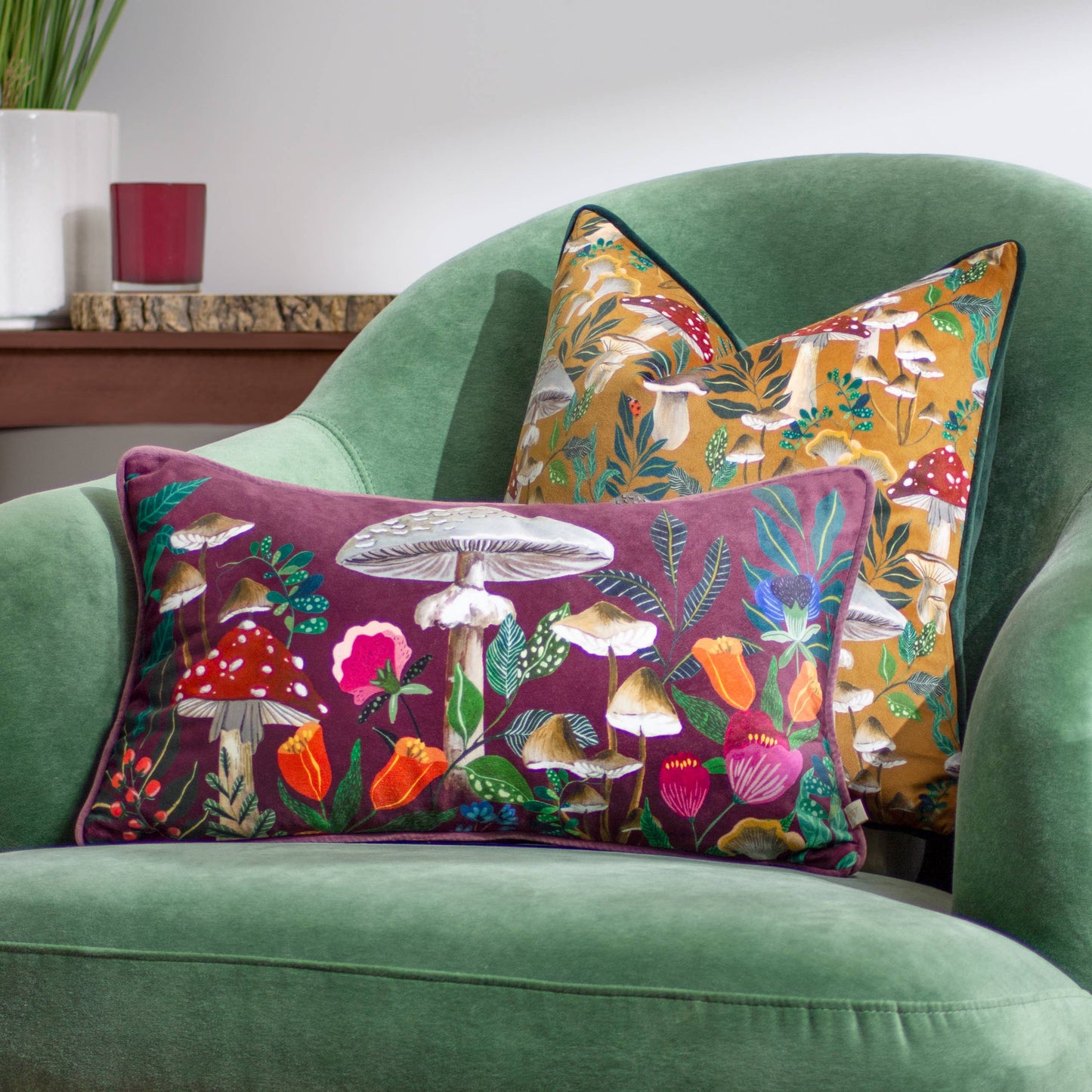 AvaMalis Wild Garden Mushroom Repeat Cushion Gold Decorative throw pillow