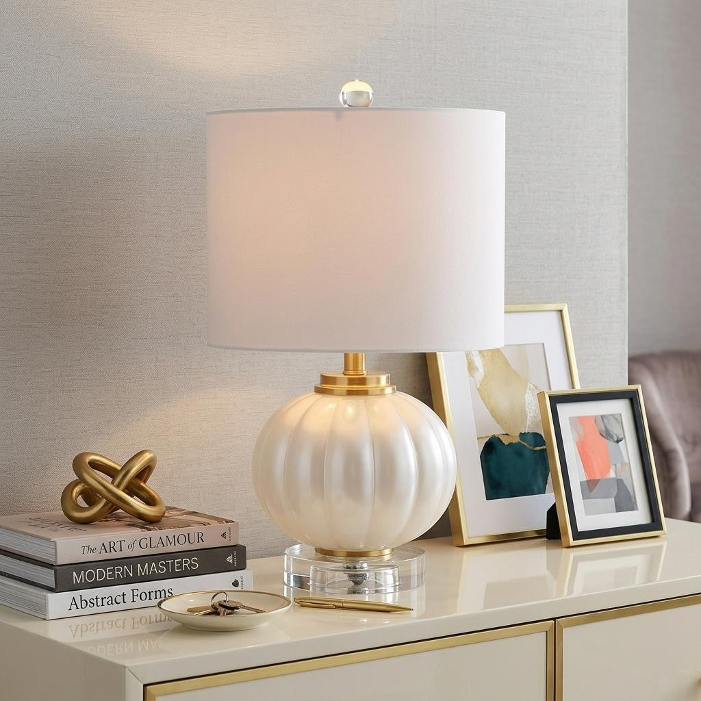 AvaMalis A|M Lighting" Chanile White/Brass Modern Crystal, Gold Glass Table Lamp