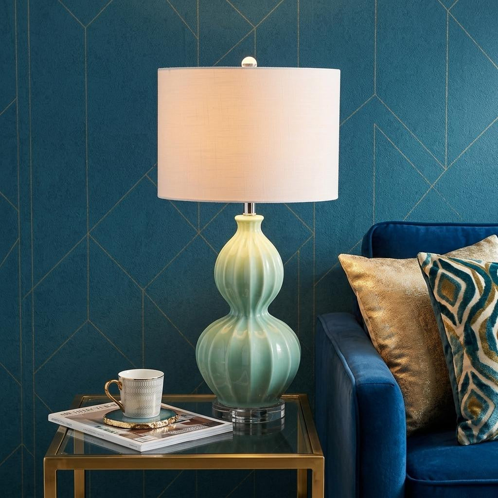 AvaMalis 28" Seafoam Green Fluted Ceramic Gourd LED Table Lamp, Midcentury Glam Bedside Lamp for Living Room Bedroom, White Linen Drum Shade, LED Bulb Included