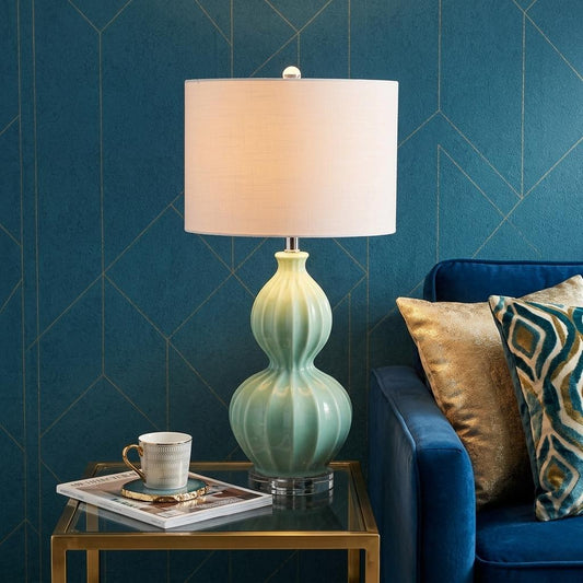 AvaMalis 28" Seafoam Green Fluted Ceramic Gourd LED Table Lamp, Midcentury Glam Bedside Lamp for Living Room Bedroom, White Linen Drum Shade, LED Bulb Included
