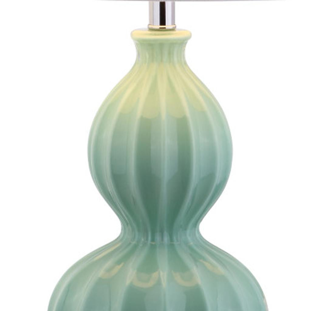 AvaMalis 28" Seafoam Green Fluted Ceramic Gourd LED Table Lamp, Midcentury Glam Bedside Lamp for Living Room Bedroom, White Linen Drum Shade, LED Bulb Included