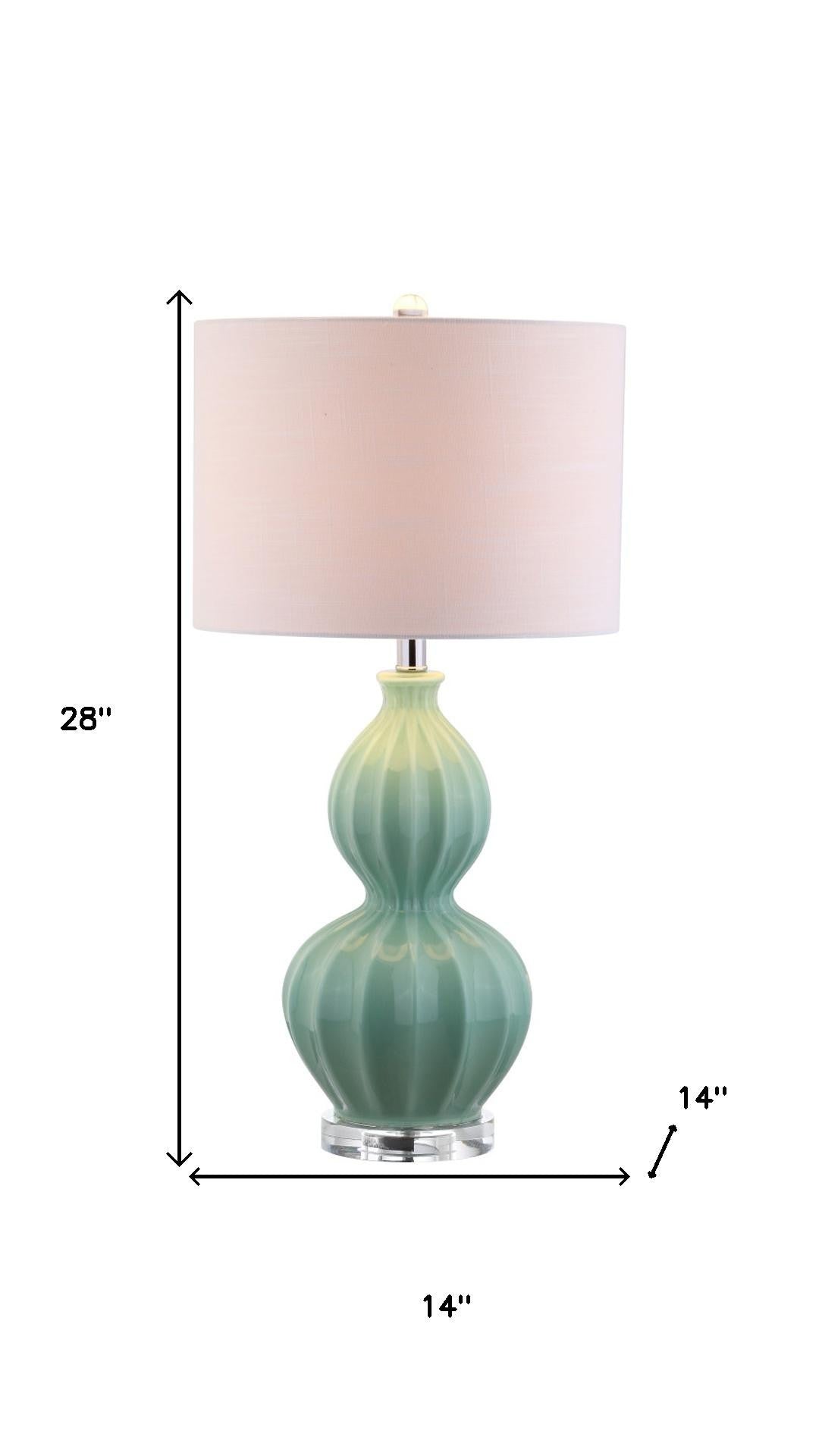 AvaMalis 28" Seafoam Green Fluted Ceramic Gourd LED Table Lamp, Midcentury Glam Bedside Lamp for Living Room Bedroom, White Linen Drum Shade, LED Bulb Included