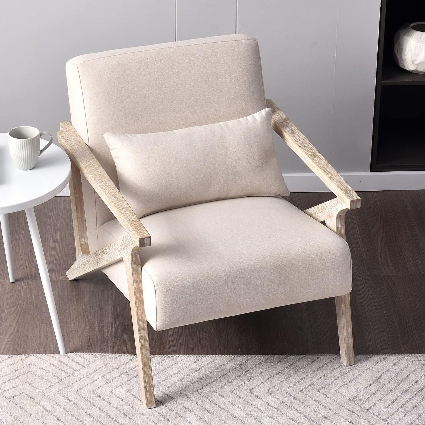 AvaMalis Mid Century Modern Wood Frame, Upholstered Armchair with Waist Cushion