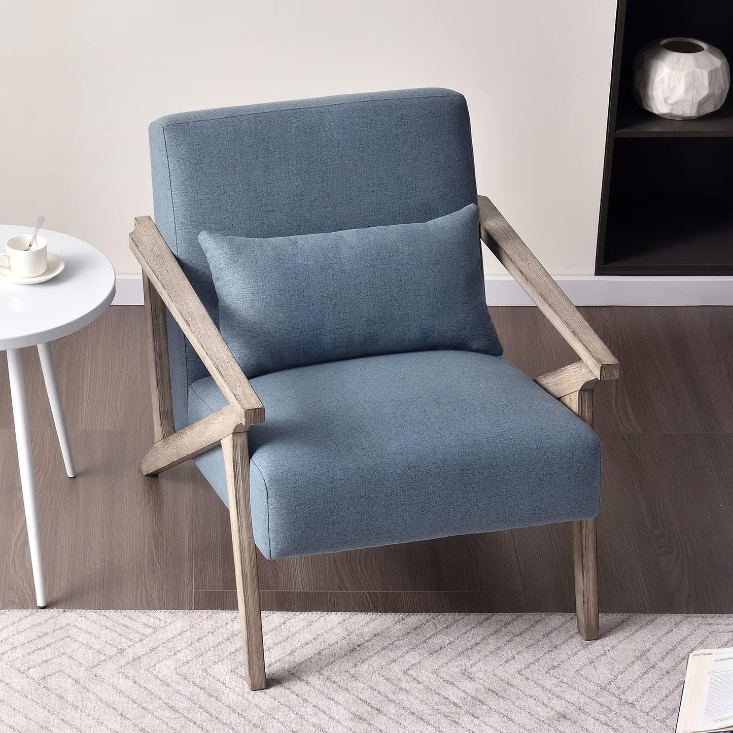 AvaMalis Mid Century Modern Chair with Wood Frame Upholstered Armchair with Waist Cushion, Accent Chair, Blue