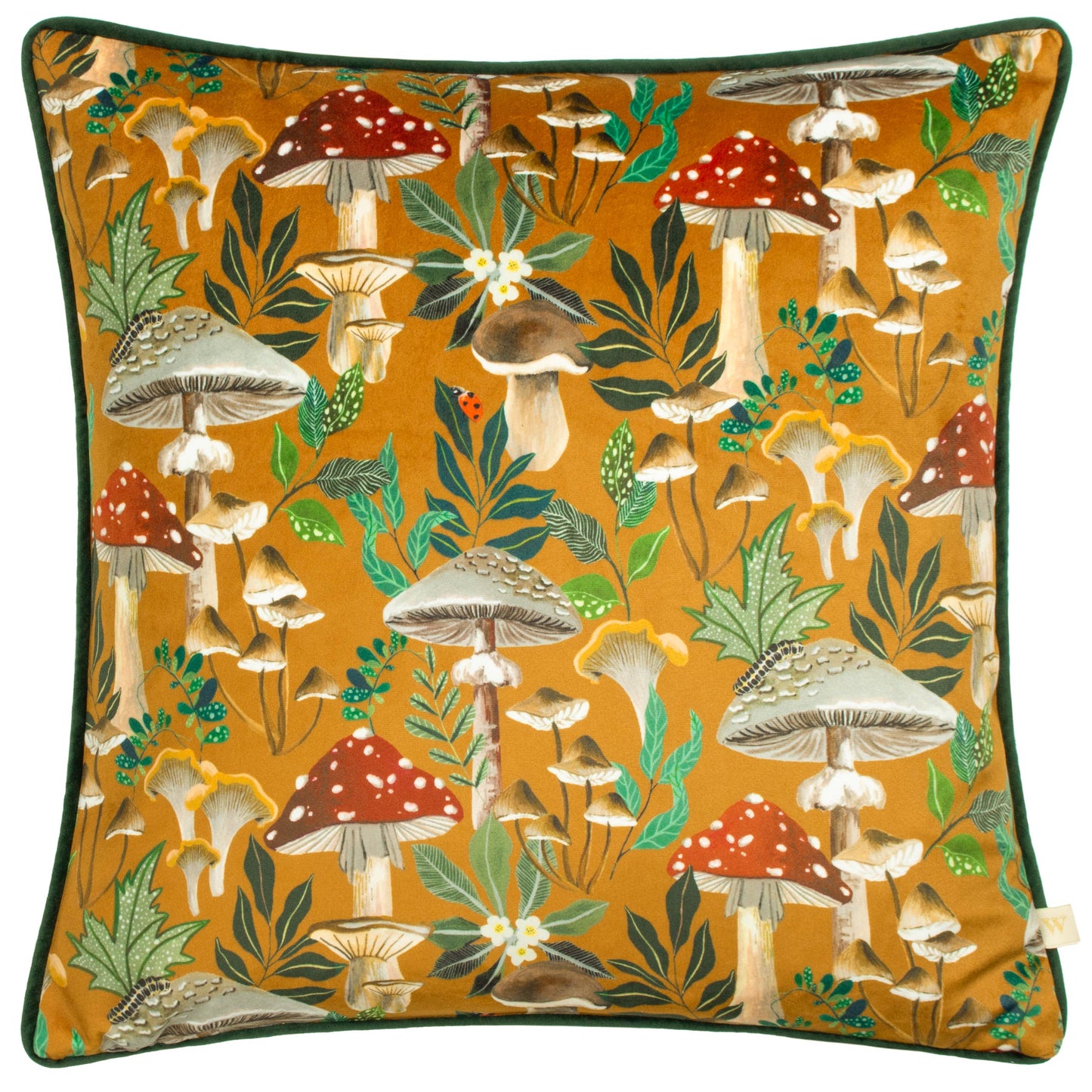 AvaMalis Wild Garden Mushroom Repeat Cushion Gold Decorative throw pillow