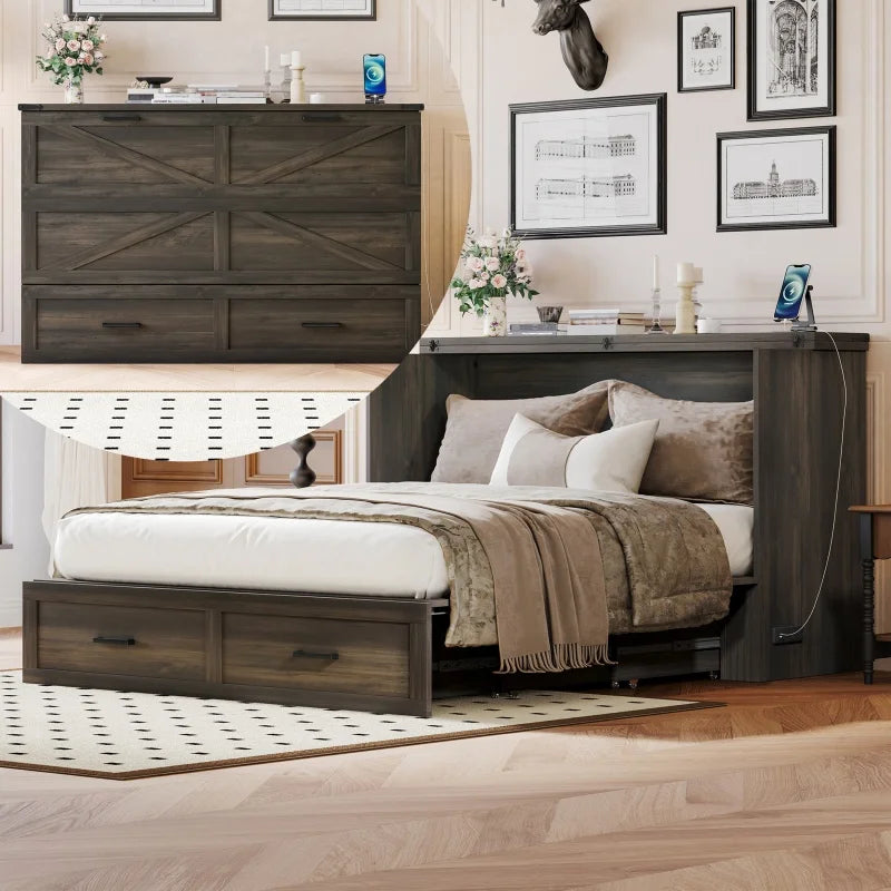 Queen Size Farmhouse Murphy Cabinet Bed Oak Folding Platform with Charging Station and Large Storage Drawer