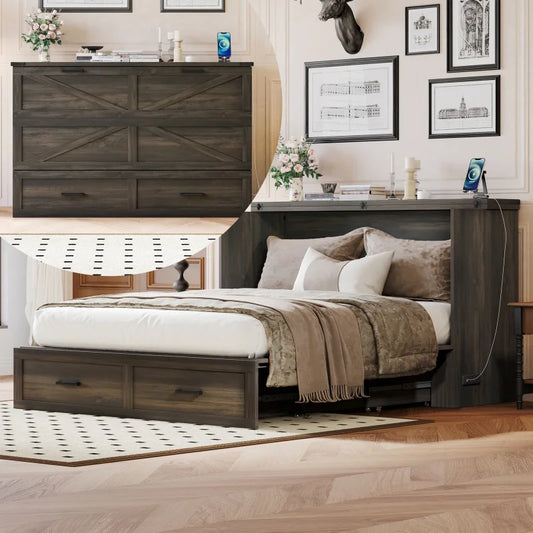 Queen Size Farmhouse Murphy Cabinet Bed Oak Folding Platform with Charging Station and Large Storage Drawer