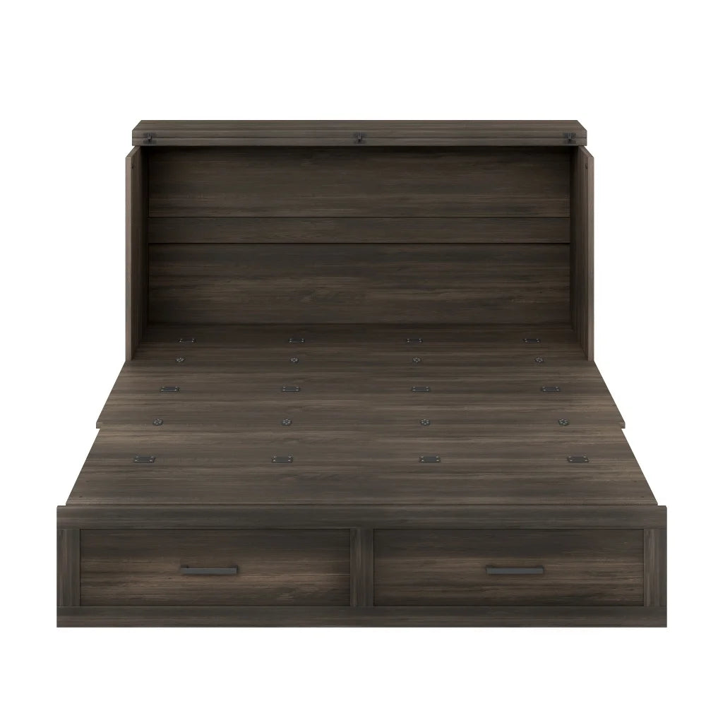 Queen Size Farmhouse Murphy Cabinet Bed Oak Folding Platform with Charging Station and Large Storage Drawer