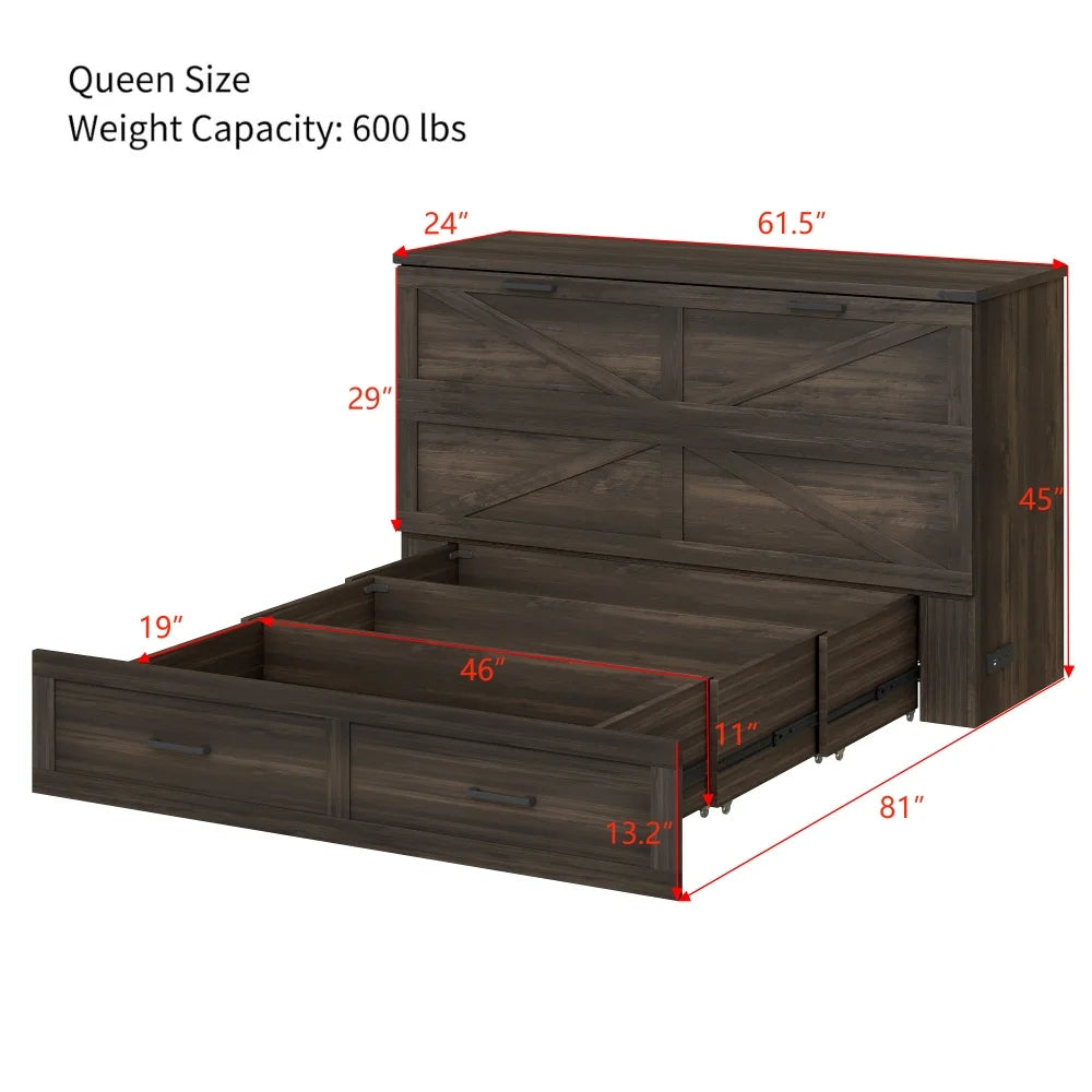 Queen Size Farmhouse Murphy Cabinet Bed Oak Folding Platform with Charging Station and Large Storage Drawer