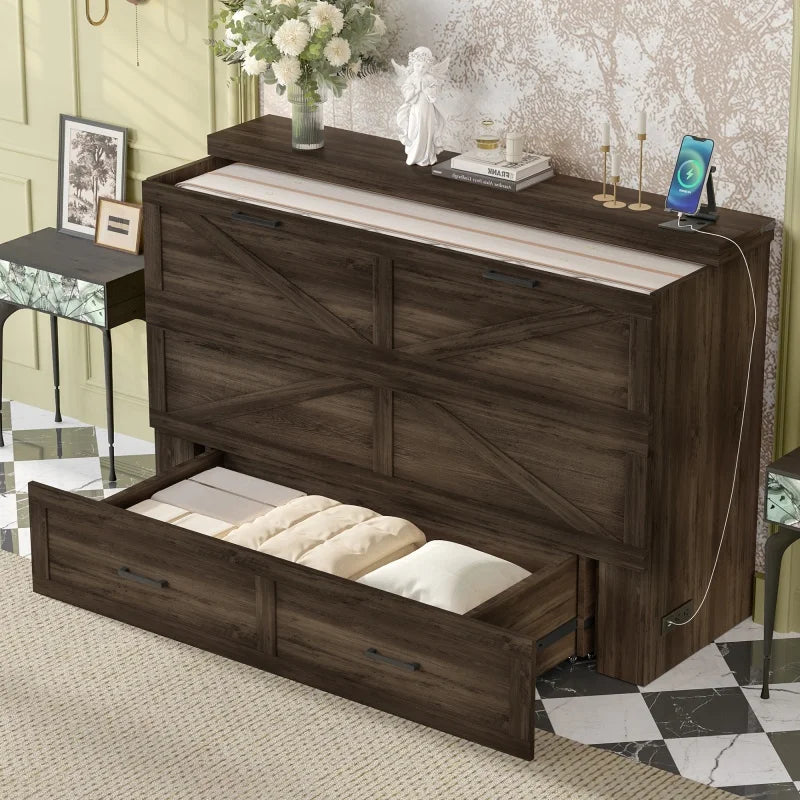 Queen Size Farmhouse Murphy Cabinet Bed Oak Folding Platform with Charging Station and Large Storage Drawer