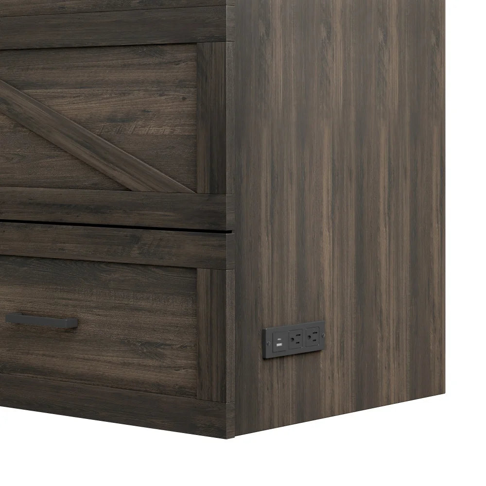 Queen Size Farmhouse Murphy Cabinet Bed Oak Folding Platform with Charging Station and Large Storage Drawer