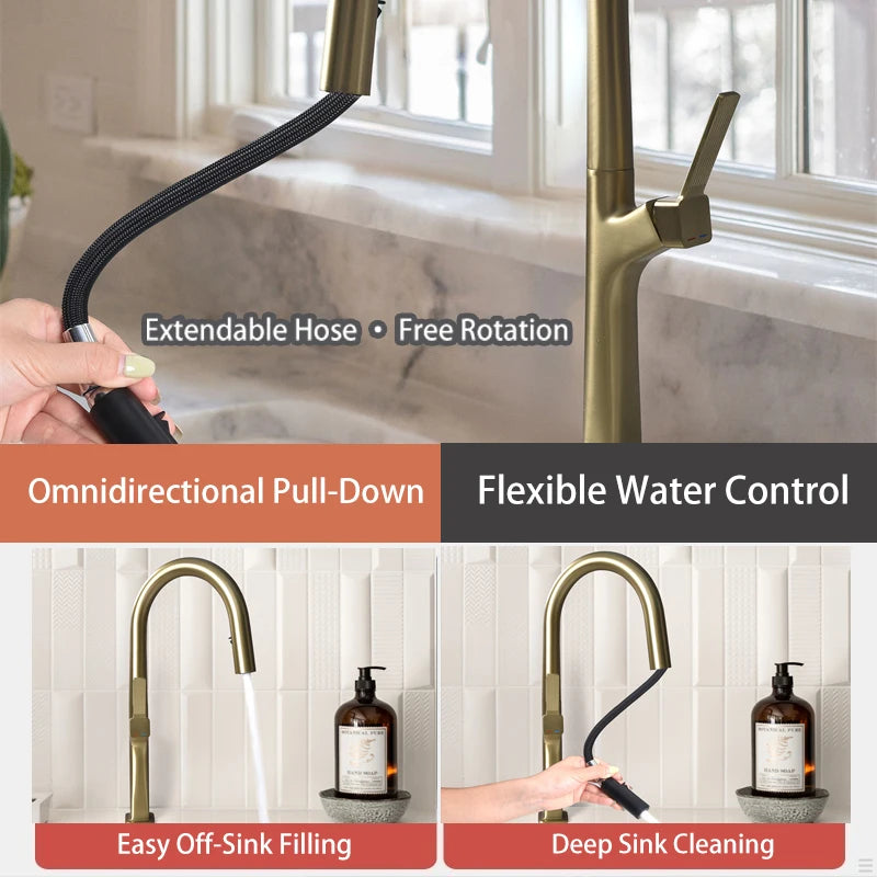 AvaMalis A|M Aquae American Single-handle Pull-out Kitchen Sink Faucet, Brass Deck Installed with Brushed Gold Single-hole Sink Blender