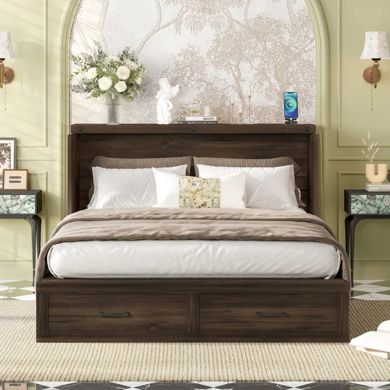 Queen Size Farmhouse Murphy Cabinet Bed Oak Folding Platform with Charging Station and Large Storage Drawer