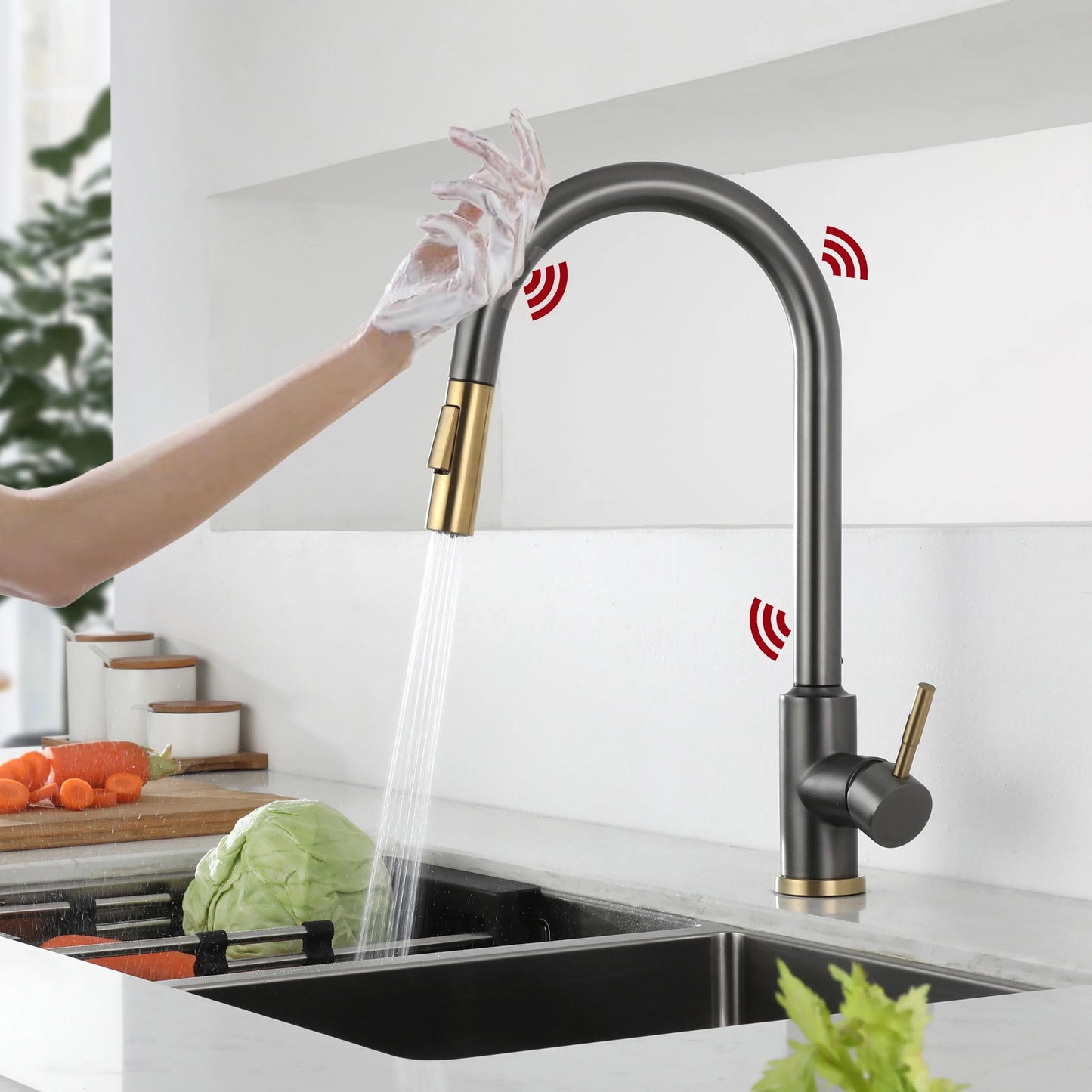 A|M Aquae Gunmetal and Gold Touch Kitchen Faucet with Pull Down Sprayer