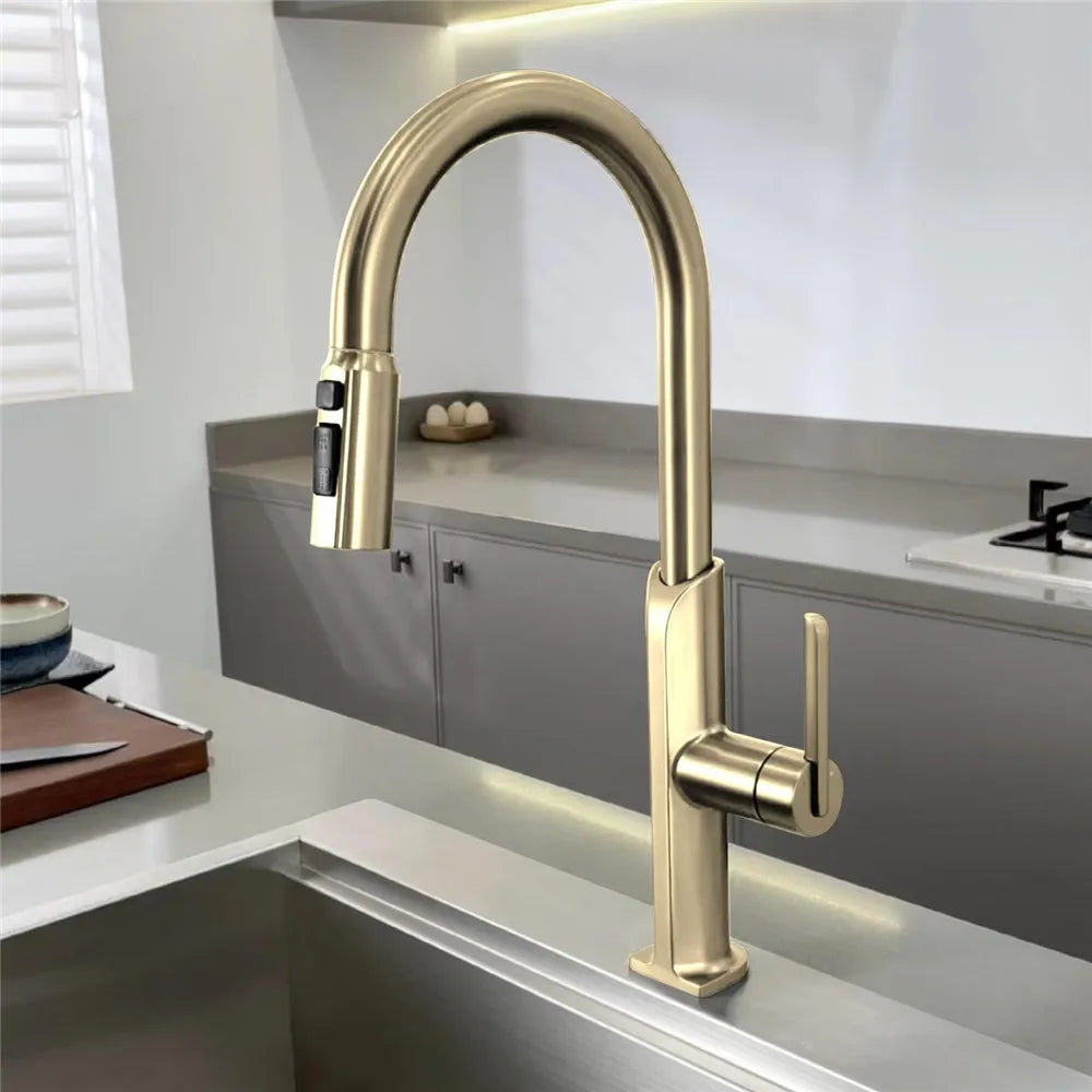 AvaMalis A|M Aquae Brushed Gold Pull Out Kitchen Faucet stainless steel Sink Faucet Mixer Tap 360 degree rotation torneira cozinha mixer taps Kitchen Tap