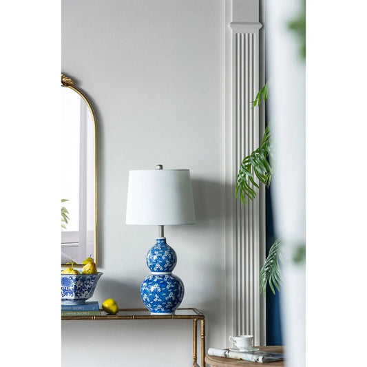 Blue and White Two-Tiered Ceramic Vase Table Lamp Elegant Round Design with Stylish Vase Shape