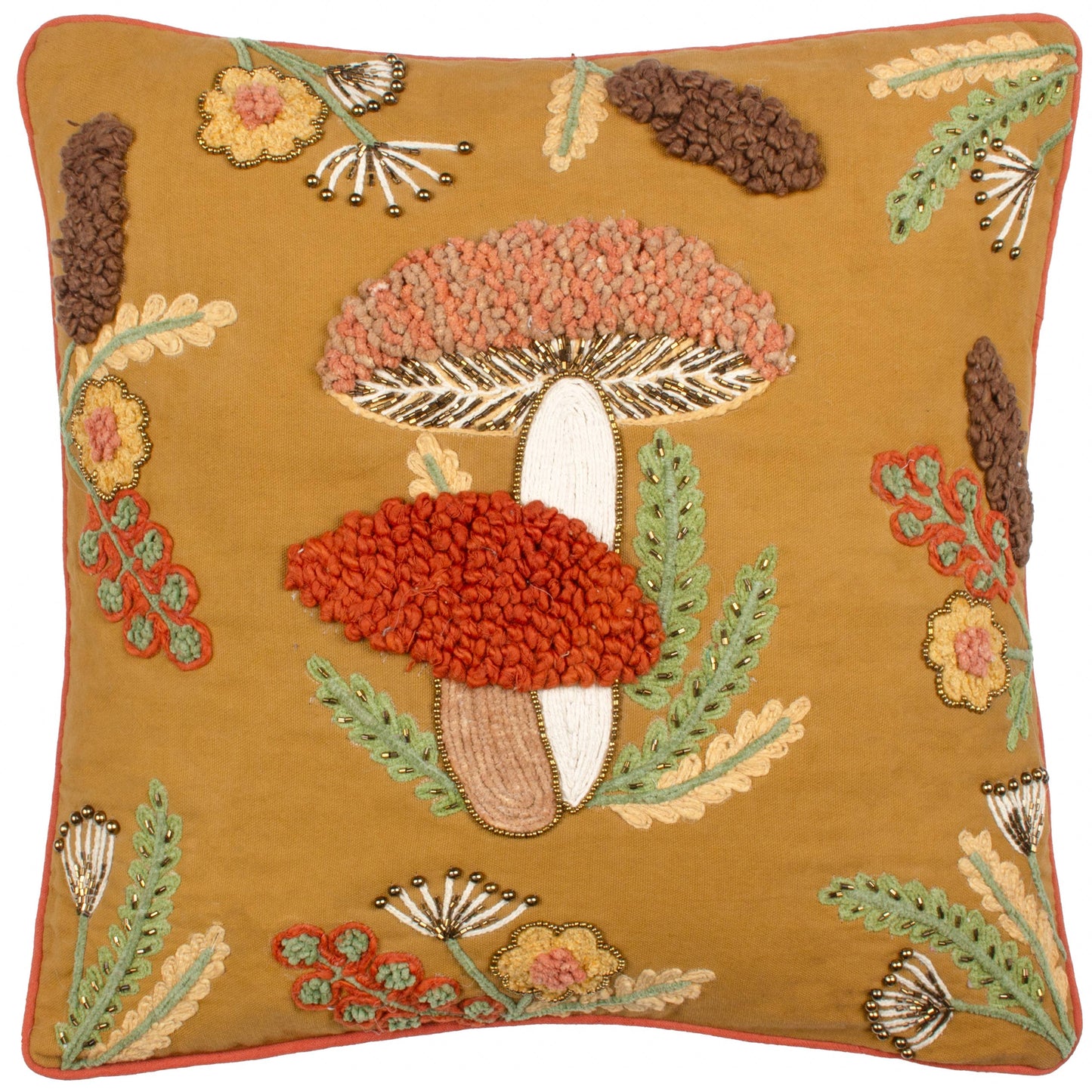 AvaMalis Decorative Throw Pillow with Embroidered Mushroom Design, Autumn Gold with Coral and Green Accents, Beaded Detail