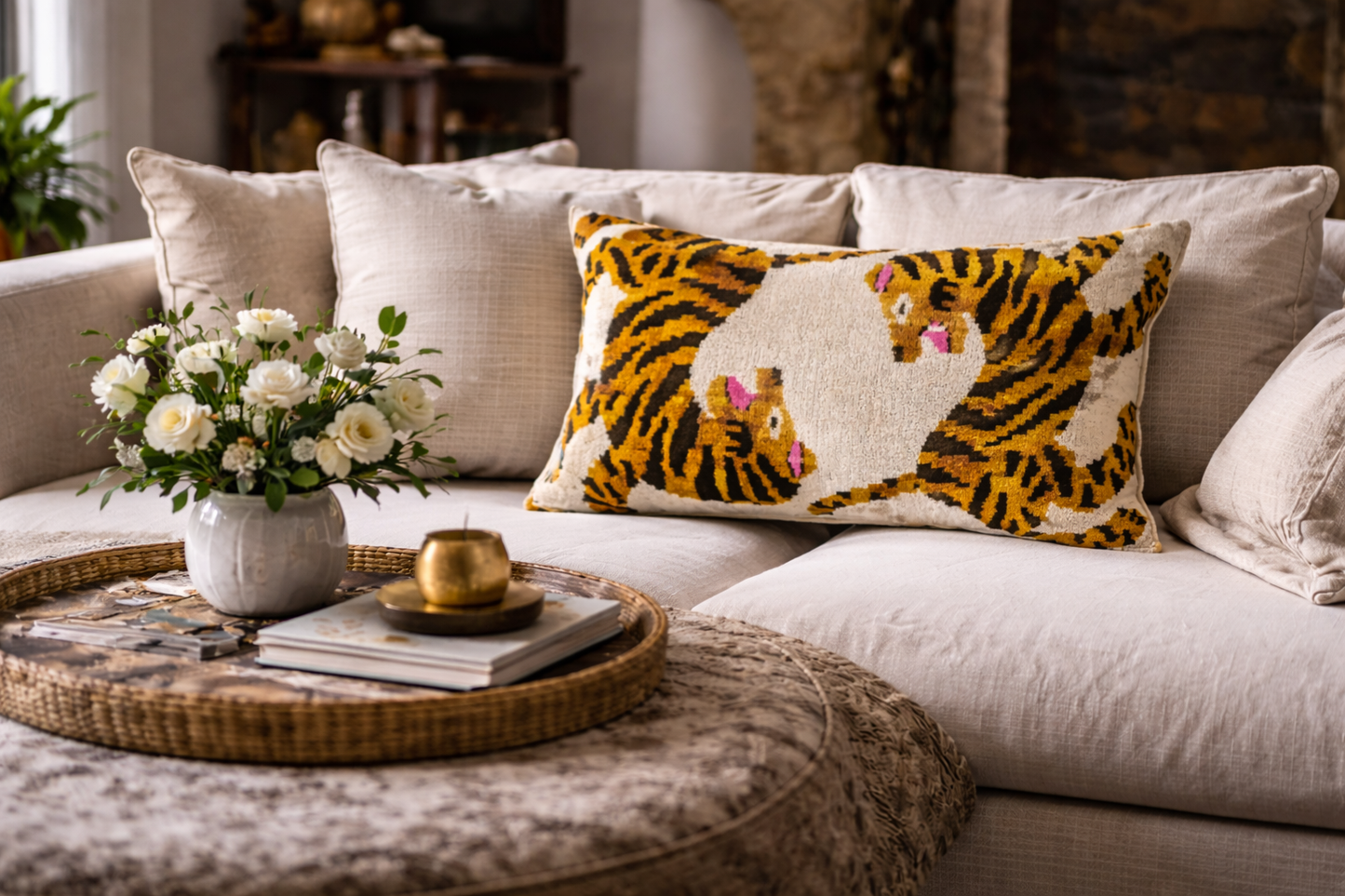 Bengali Silk Velvet Ikat Throw Pillow Cover, 16 x 24