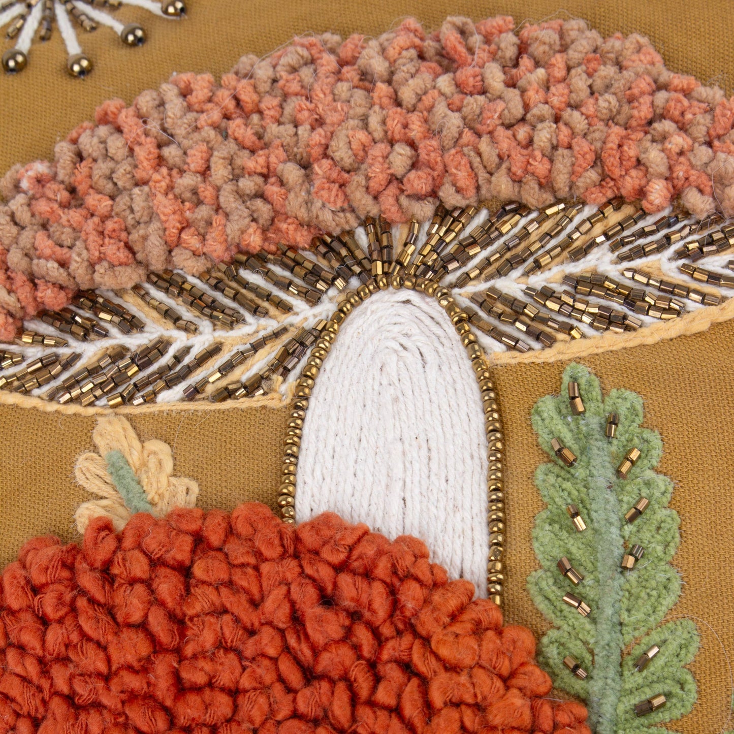 AvaMalis Decorative Throw Pillow with Embroidered Mushroom Design, Autumn Gold with Coral and Green Accents, Beaded Detail