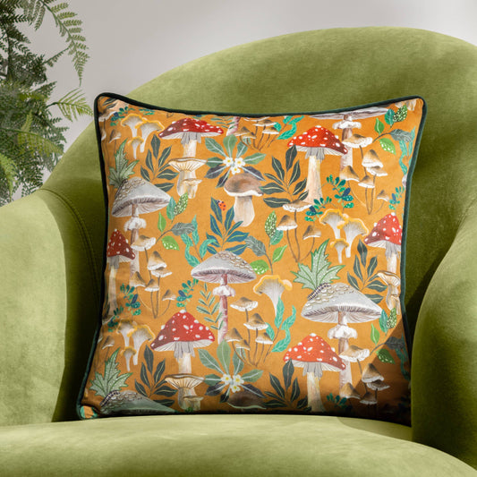 AvaMalis Wild Garden Mushroom Repeat Cushion Gold Decorative throw pillow