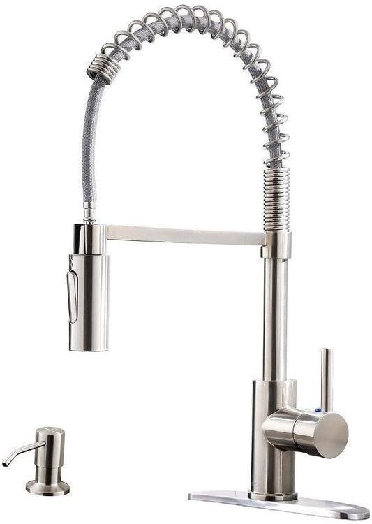 Commercial Kitchen Faucet Pull Down Sprayer with Soap Dispenser - Stainless Steel High Arc Tall Modern Single Handle Spring Kitchen Sink Faucet with Pull Out Spray