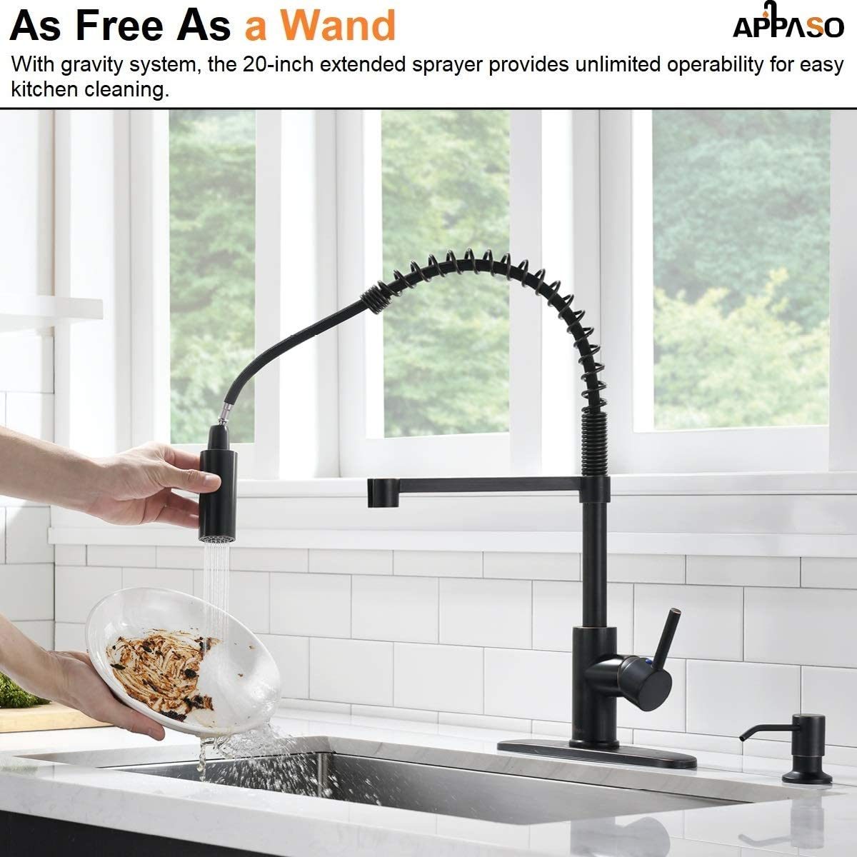 Commercial Kitchen Faucet Pull Down Sprayer with Soap Dispenser - Stainless Steel High Arc Tall Modern Single Handle Spring Kitchen Sink Faucet with Pull Out Spray