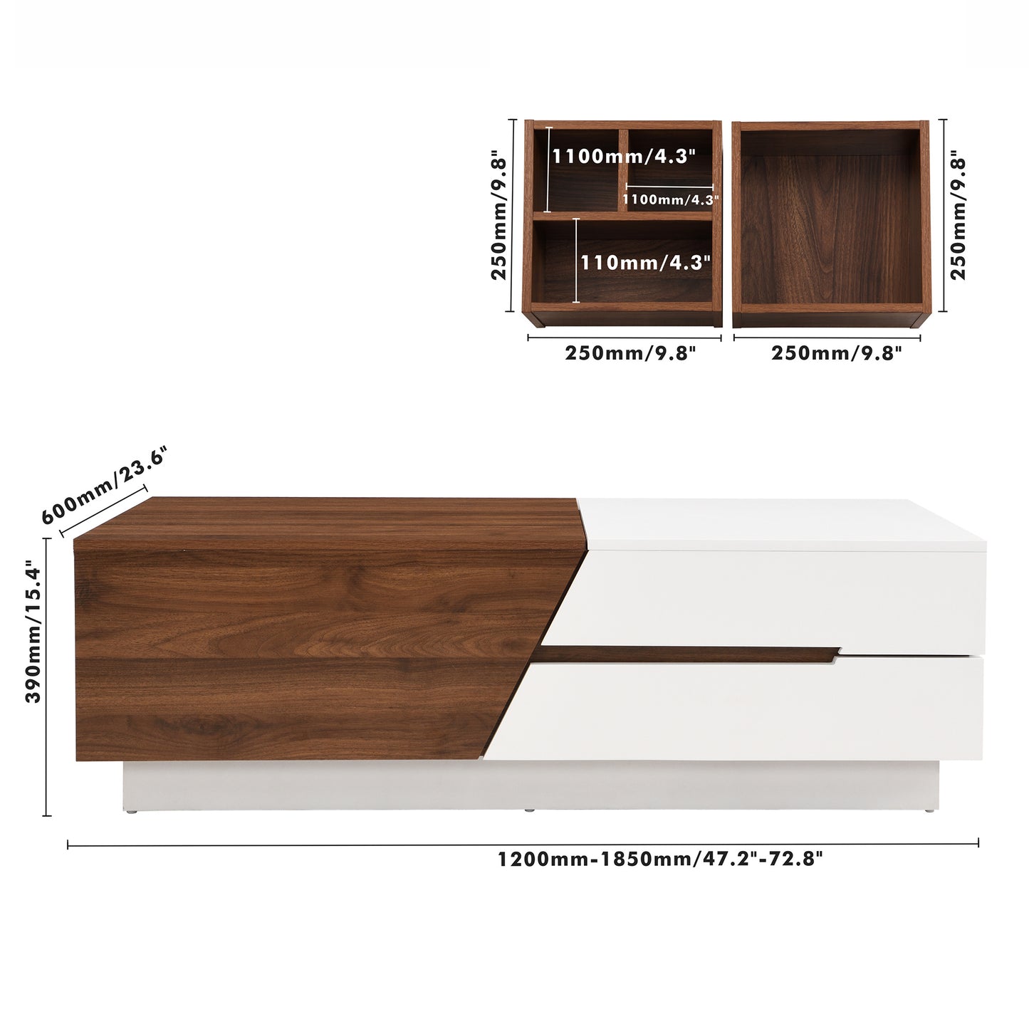 Modern Extendable Sliding Top Coffee Table with Storage in White&Walnut