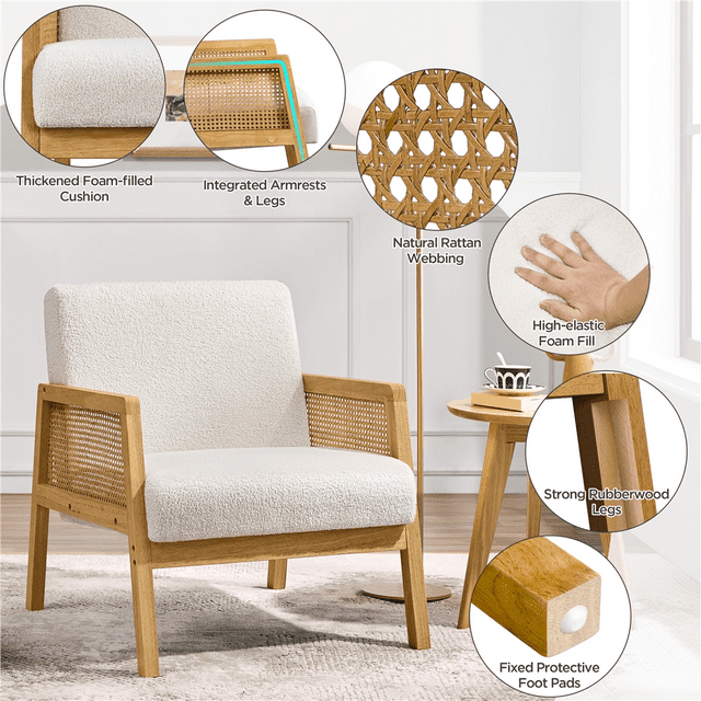 Fabric Upholstered Accent Chair with Rattan Sides