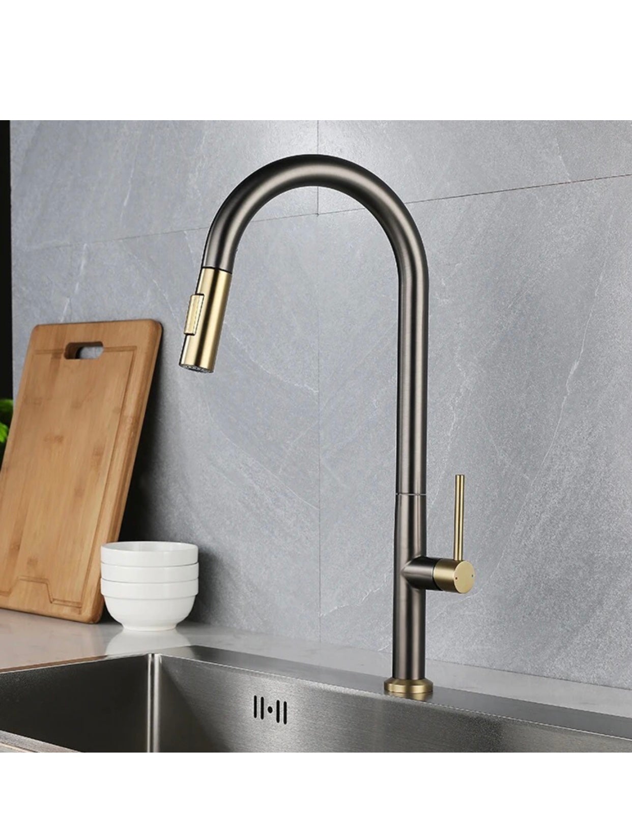 A|M Aquae Luxury 360 degree swivel spout kitchen sink faucet steel single handle pull down kitchen faucet